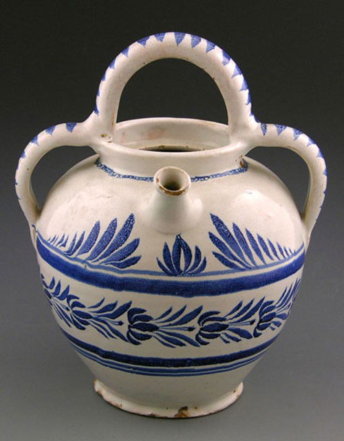 French Provincial Glazed Earthenware Pitcher, 19t: French Provincial Glazed Earthenware Pitcher, 19th c., with blue under glaze decoration, H.- 10 1/4 in., W.- 8 1/2 in., D.- 7 1/2 in.