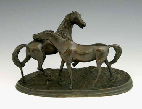 After Alfred Barye (French, 1839-1882): After Alfred Barye (French, 1839-1882), a patinated bronze figure of two frolicking colts, signed at the base "Barye 1886", H. 5-3/4 in., W. 9-1/2 in.