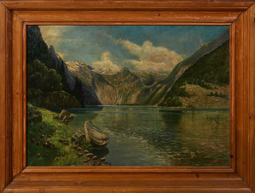 † Carl Friedrich A. Lorentzen (1801-1880, German), "Alpine Lake Landscape," 19th c., oil on (1 of 3)