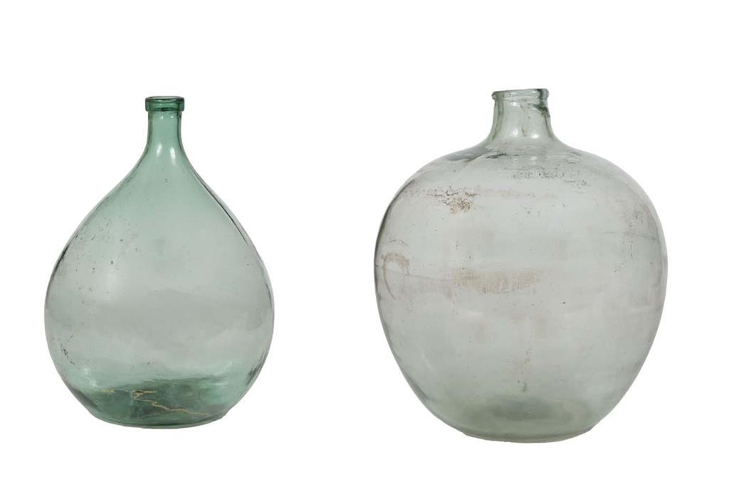 Two French Mold Blown Glass Wine Carboys, 19th C., In Pale Green Glass