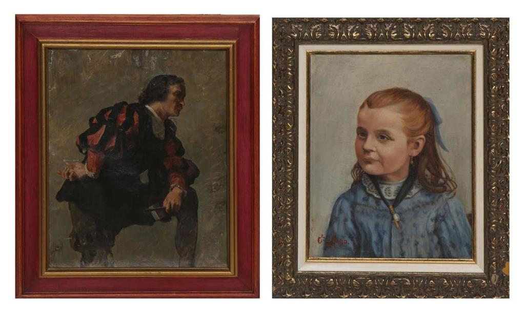 † Pair of Continental School Portraits, "Portrait of a Young Girl in Blue," 19th c., oil on (1 of 8)