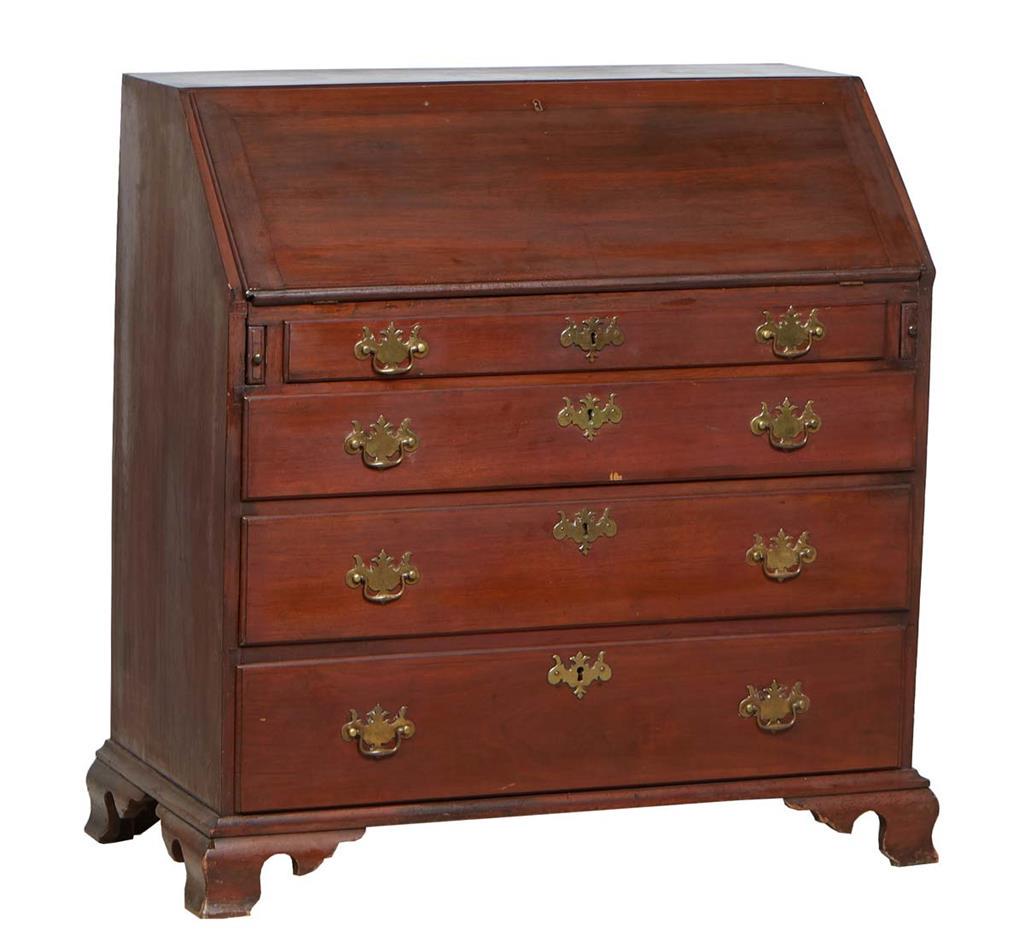 American Carved Mahogany Slant Front Desk, 19th c., the rectangular top over a fall front enclosing (1 of 2)