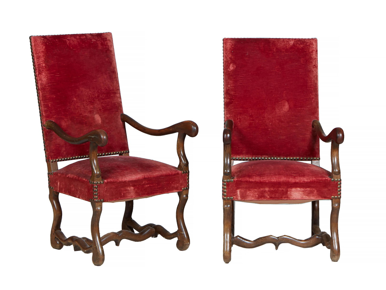 Pair of French Louis XIII Style Carved Oak Fauteuils a la Reine, the canted high rectangular back (1 of 1)