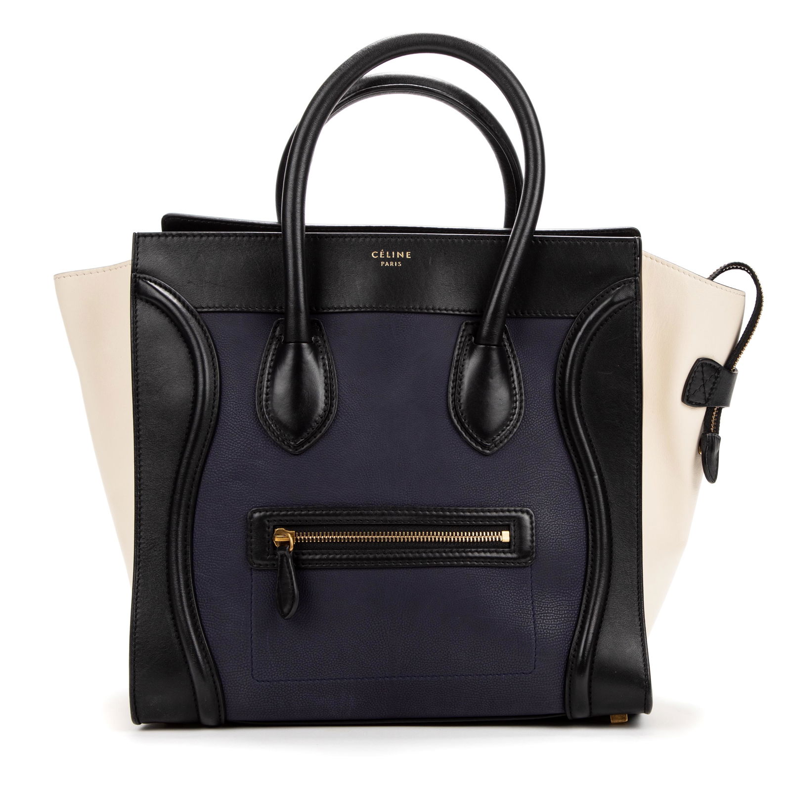 Celine Mini Luggage Tricolor Handbag, in navy, black, and ivory leather, with golden brass hardware, (1 of 8)