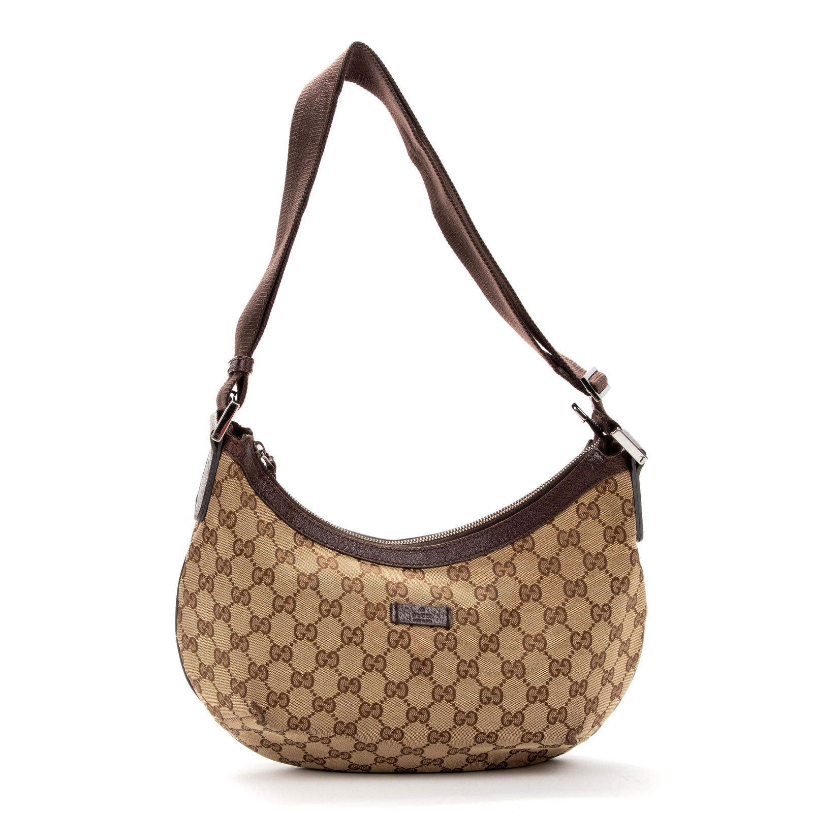 Gucci Original Messenger Shoulder Bag, in brown monogram canvas, with brown leather adjustable: Gucci Original Messenger Shoulder Bag, in brown monogram canvas, with brown leather adjustable canvas shoulder strap and gun metal hardware, zip closure opening to a brown canvas lining with a zip and