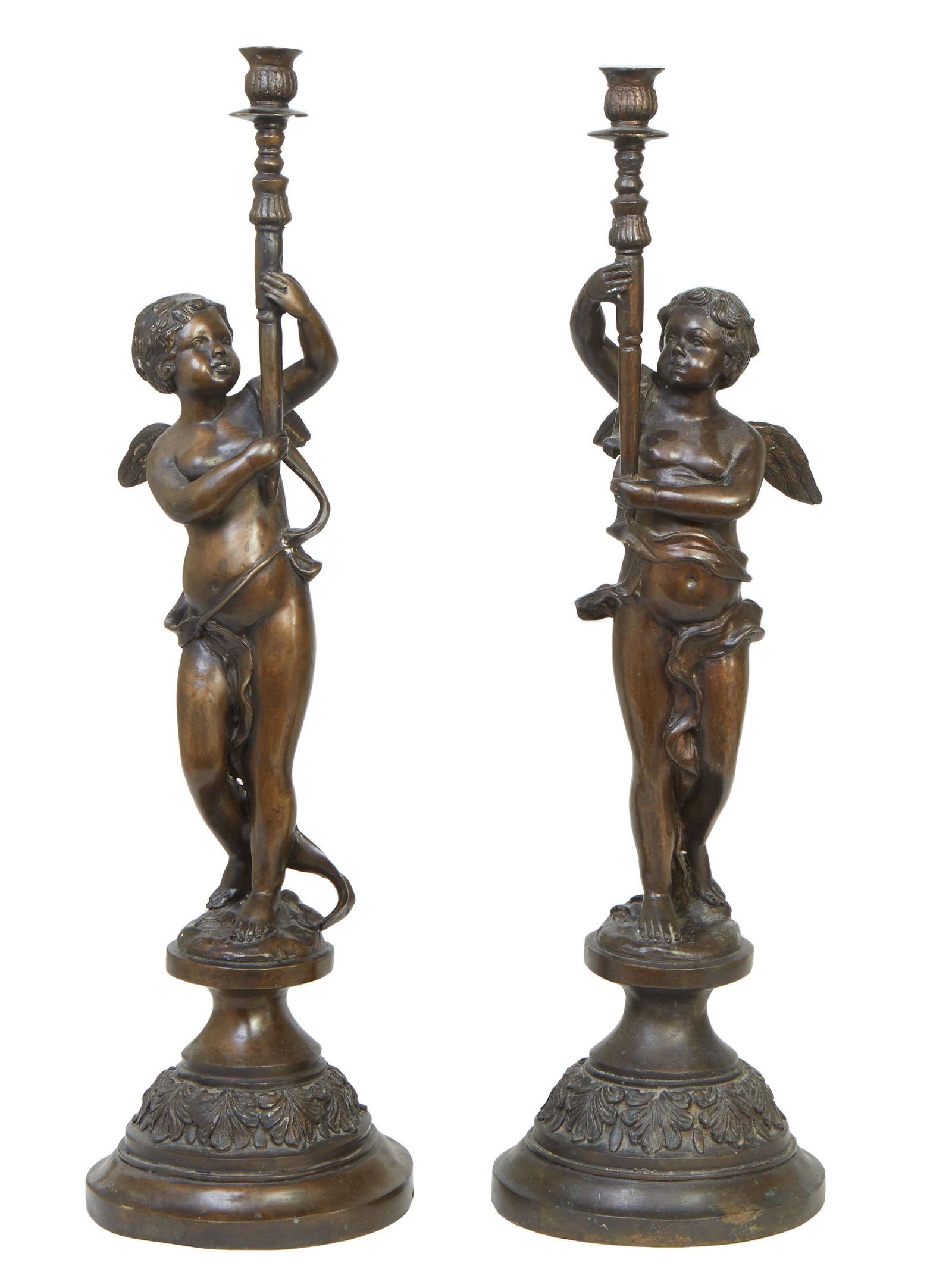 Pair of Patinated Bronze Putti Candlesticks, 20th c., each putto upholding a candle cup, on a socle (1 of 1)