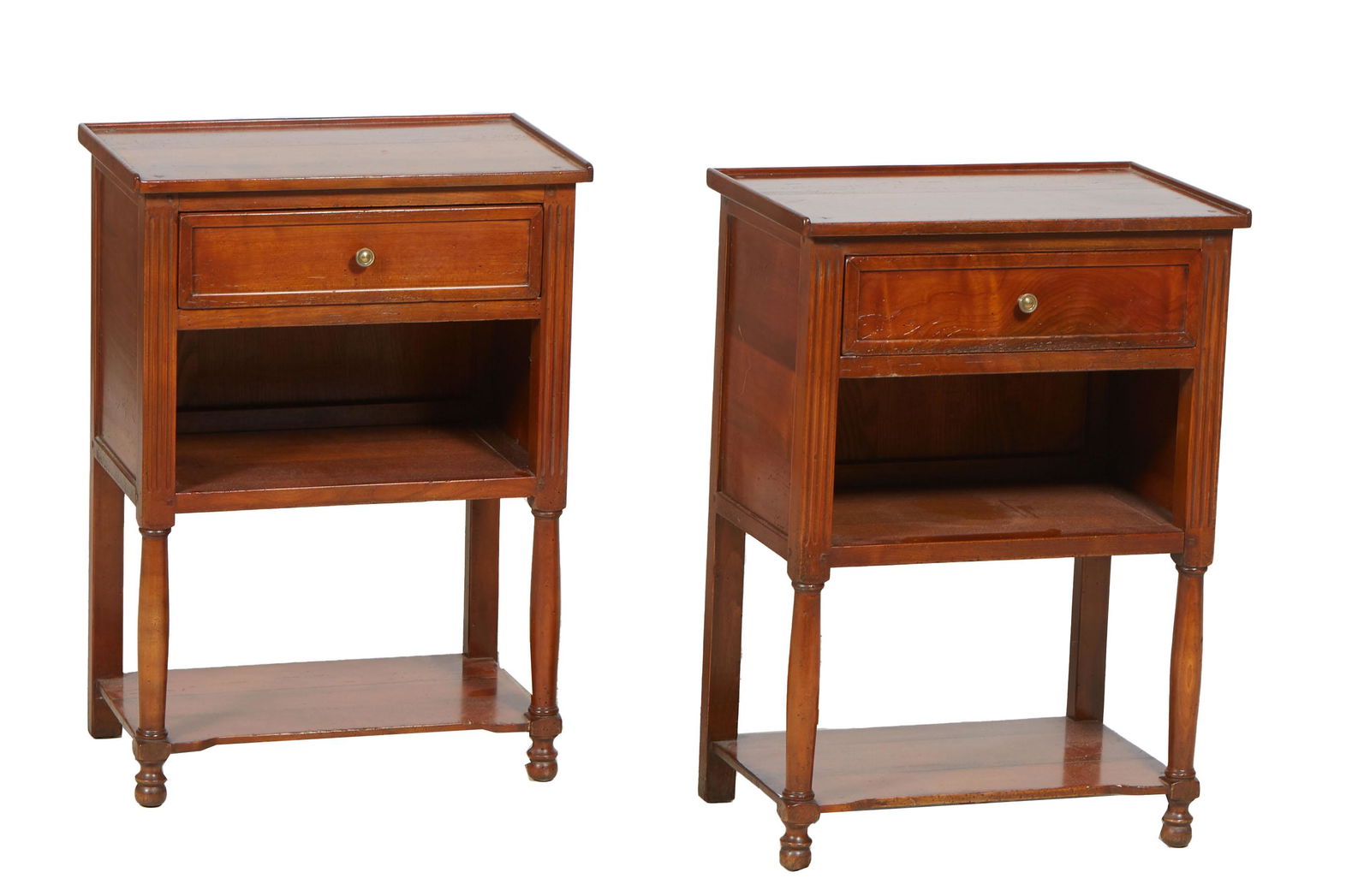 Pair of French Louis XVI Style Carved Cherry Nightstands, 20th c., the 3/4 galleried top over a (1 of 1)