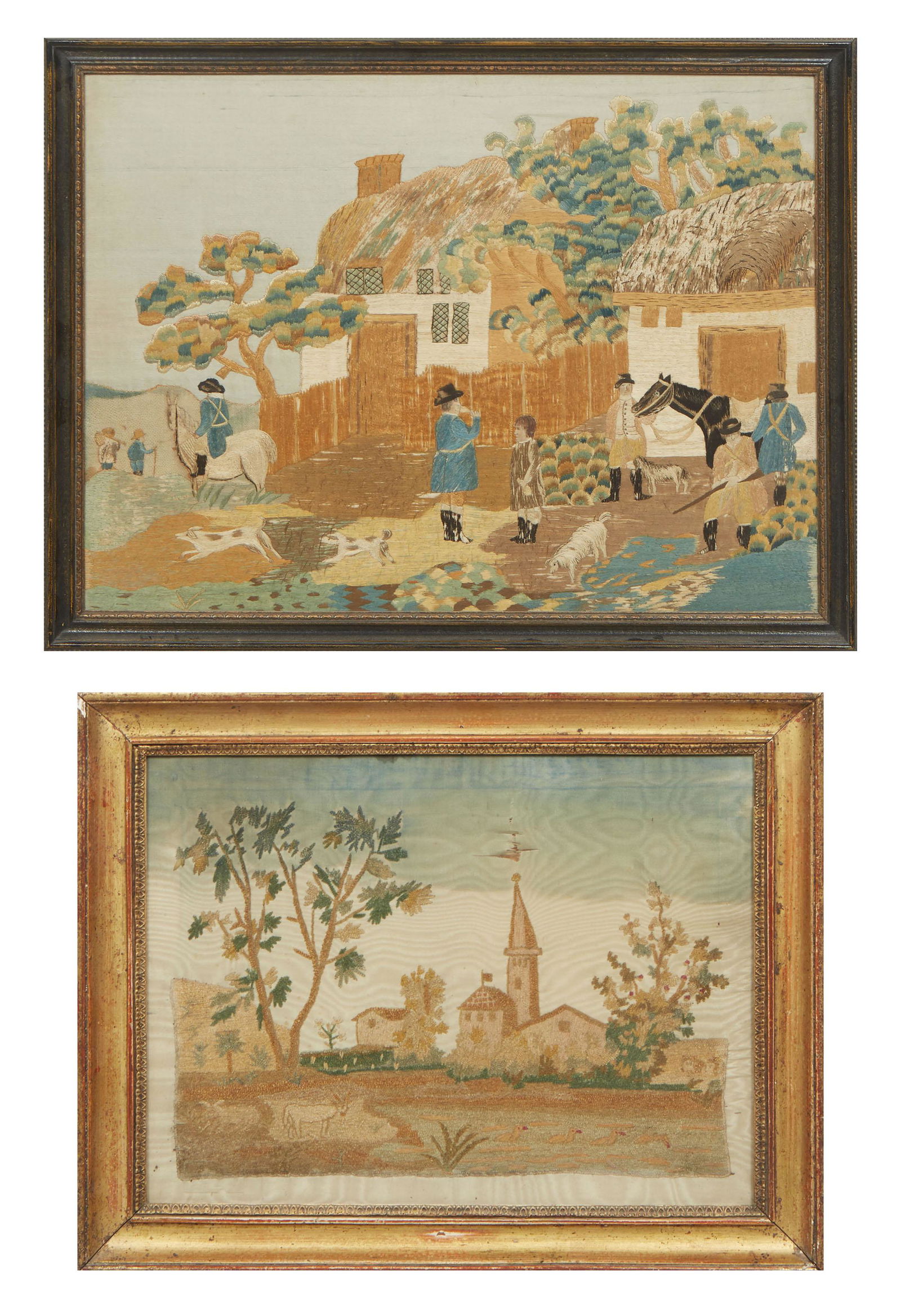 Two Early American Pictorial Embroideries, "Town Church Landscape," and "Early American Town (1 of 7)
