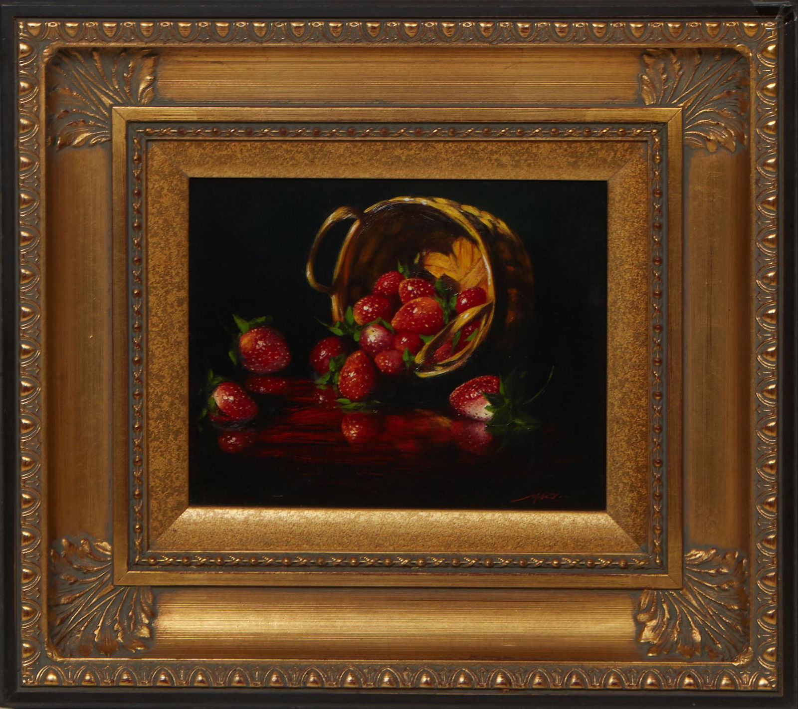 Martin Mooney (Irish/Spain, 1960-), "Still Life with Strawberries," oil on masonite, signed lower: â€ Martin Mooney (Irish/Spain, 1960-), "Still Life with Strawberries," oil on masonite, signed lower right, presented in a giltwood frame, H.- 8 1/4 in., W.- 10 1/4 in., Framed H.- 16 1/2 in., W.