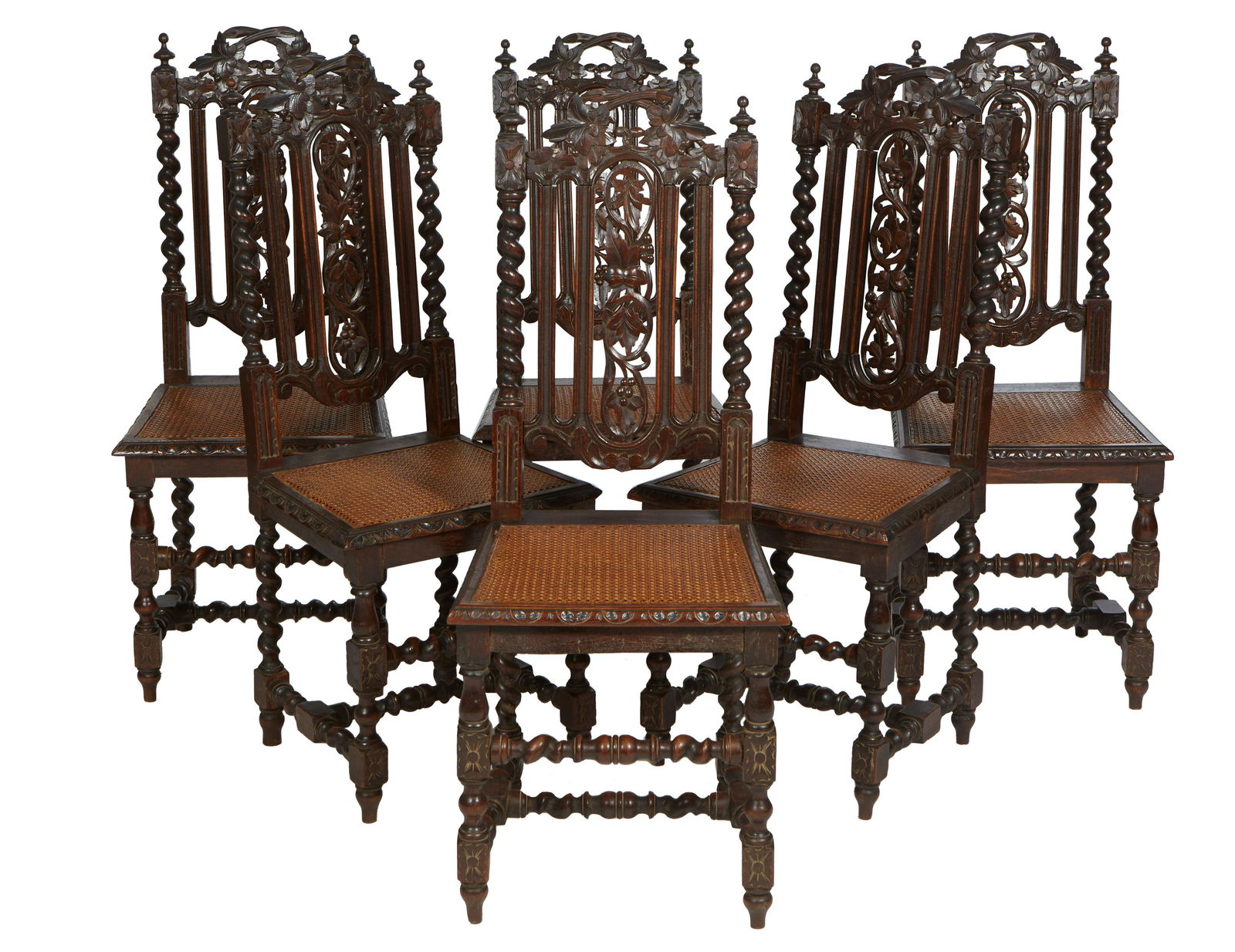 Set of Six French Carved Oak Henri II Style Dining Chairs, c. 1880, the leaf carved canted high back (1 of 1)