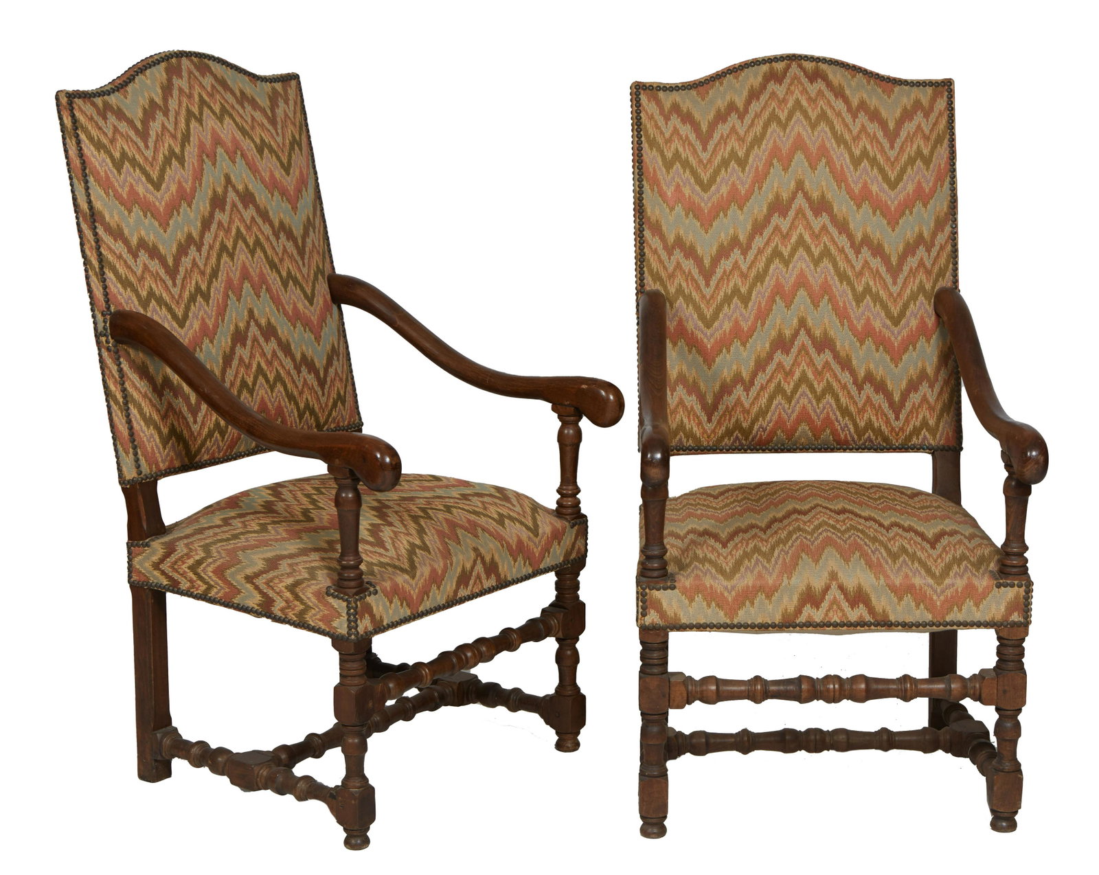 Pair of Louis XIV Style Carved Beech Fauteuils a la Reine, early 20th c., the arched canted: Pair of Louis XIV Style Carved Beech Fauteuils a la Reine, early 20th c., the arched canted upholstered back over curved scrolled arms, to a cushioned seat, on turned and block legs joined by like H-f