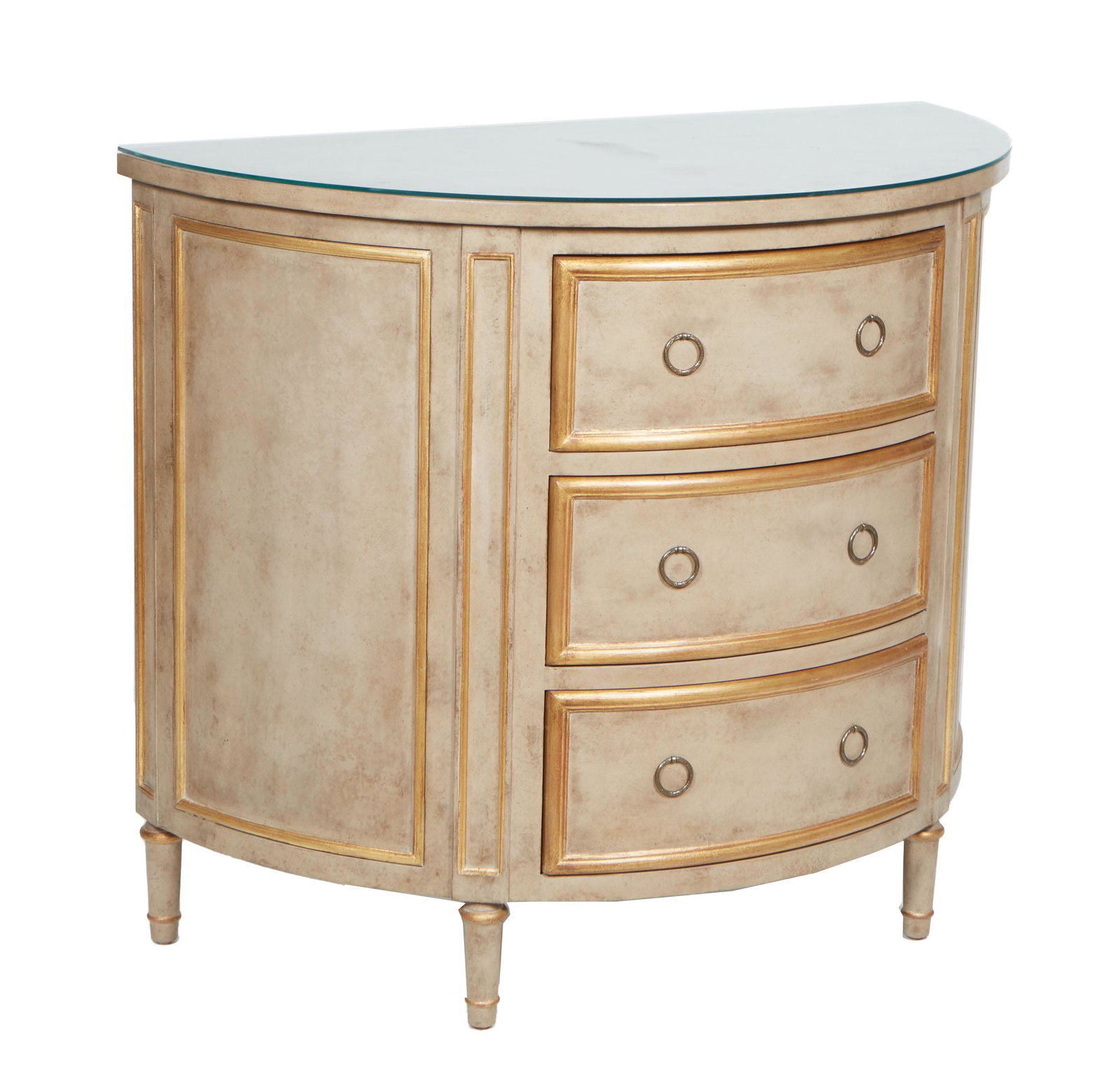 Polychromed Demi-Lune Chest, 20th c., probably by Amy Howard, the curved top over a bank of three: Polychromed Demi-Lune Chest, 20th c., probably by Amy Howard, the curved top over a bank of three drawers, flanked by convex sides, in gray paint with gilt highlights, on cylindrical legs, with a plat