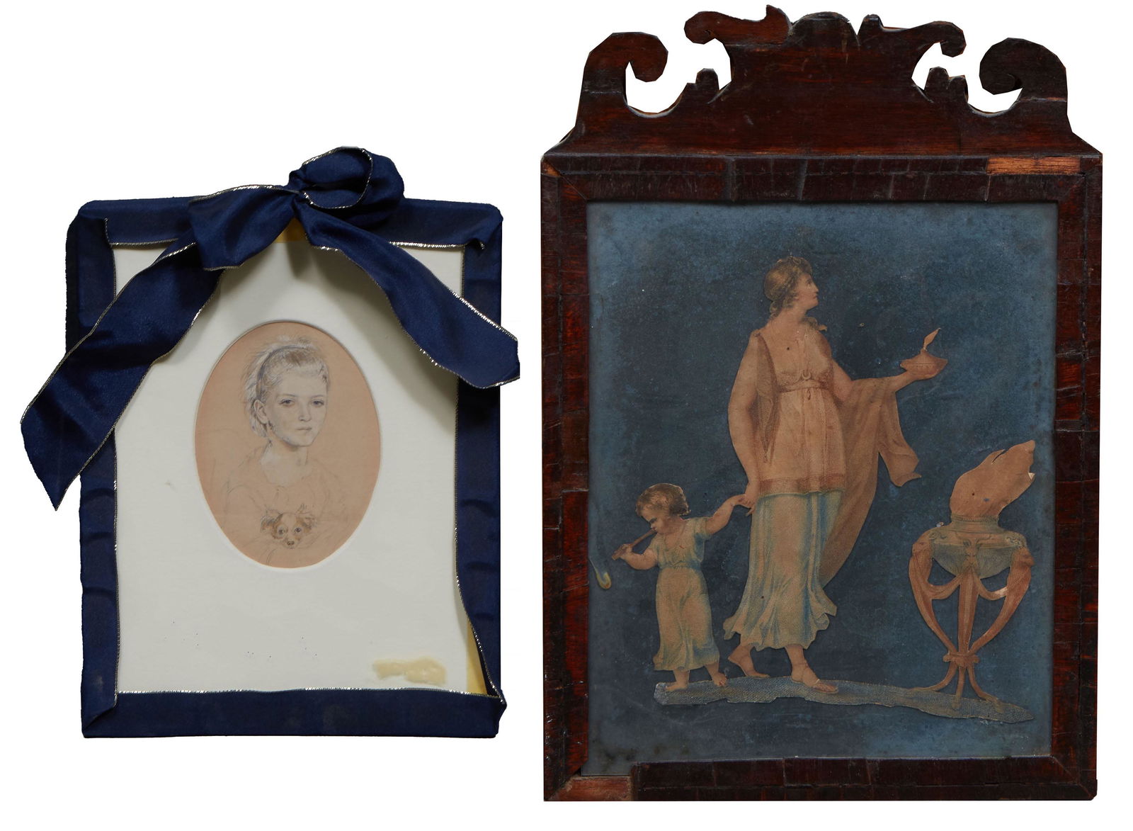Two Antique Works of Art on Paper, the first a Victorian hand-colored engraving cutout of a (1 of 7)