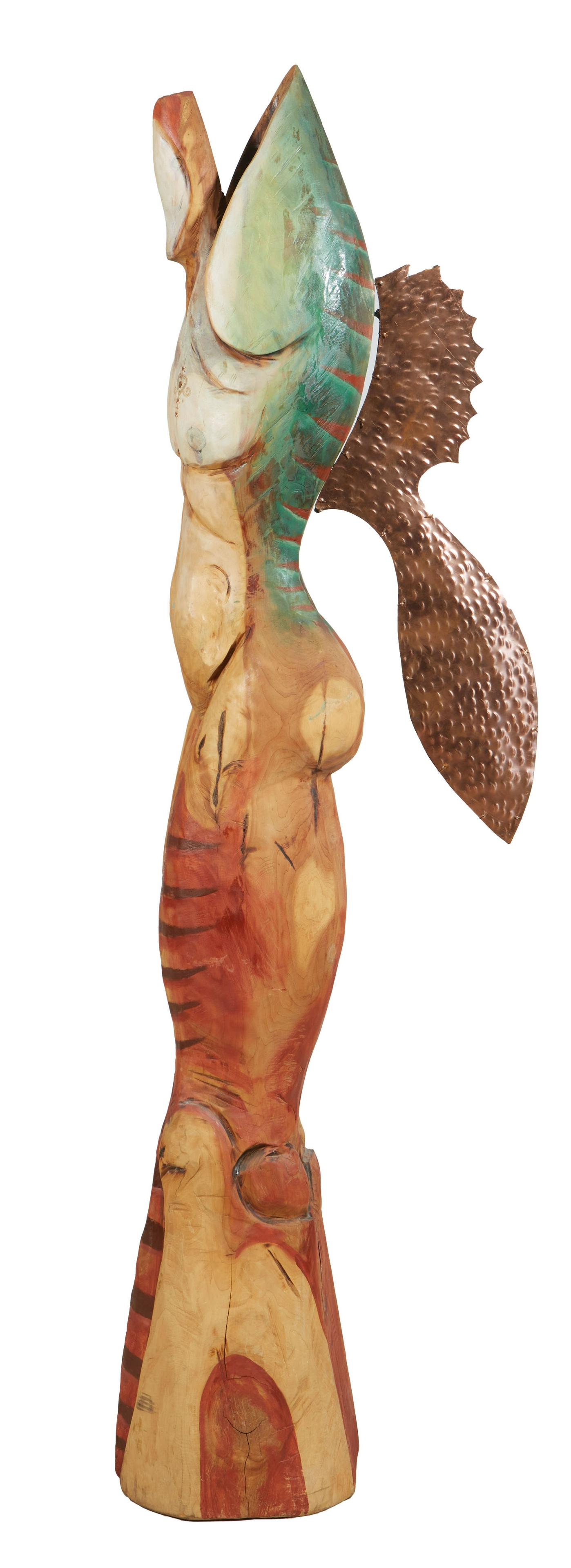 Wood and Copper Female Fish Sculpture, 20th c., unsigned, H.- 80 in., W.- 12 in., D.- 12 in. Note: (1 of 5)