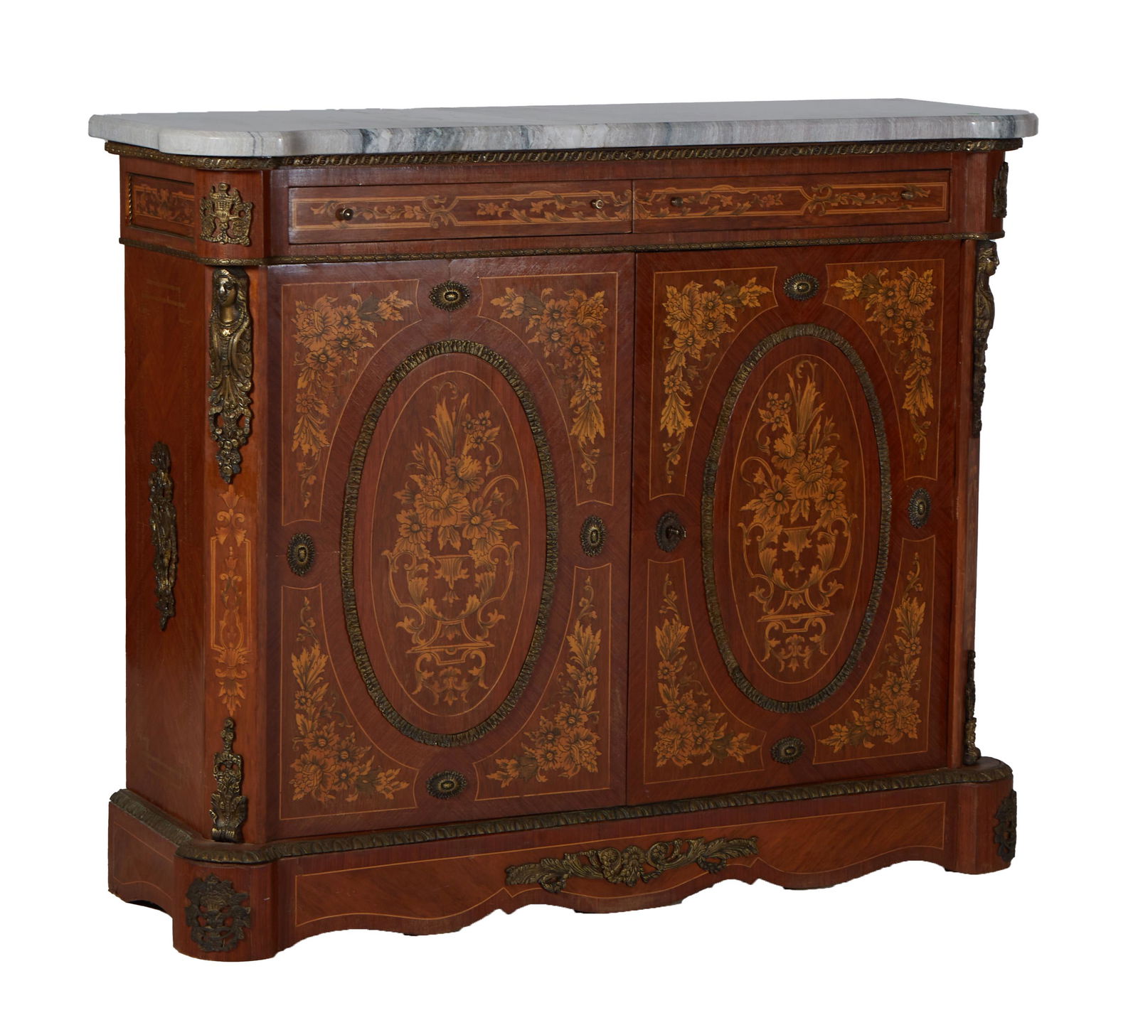 Continental Style Marquetry Inlaid Mahogany Marble Top Chest, 20th c., the highly figured gray (1 of 1)