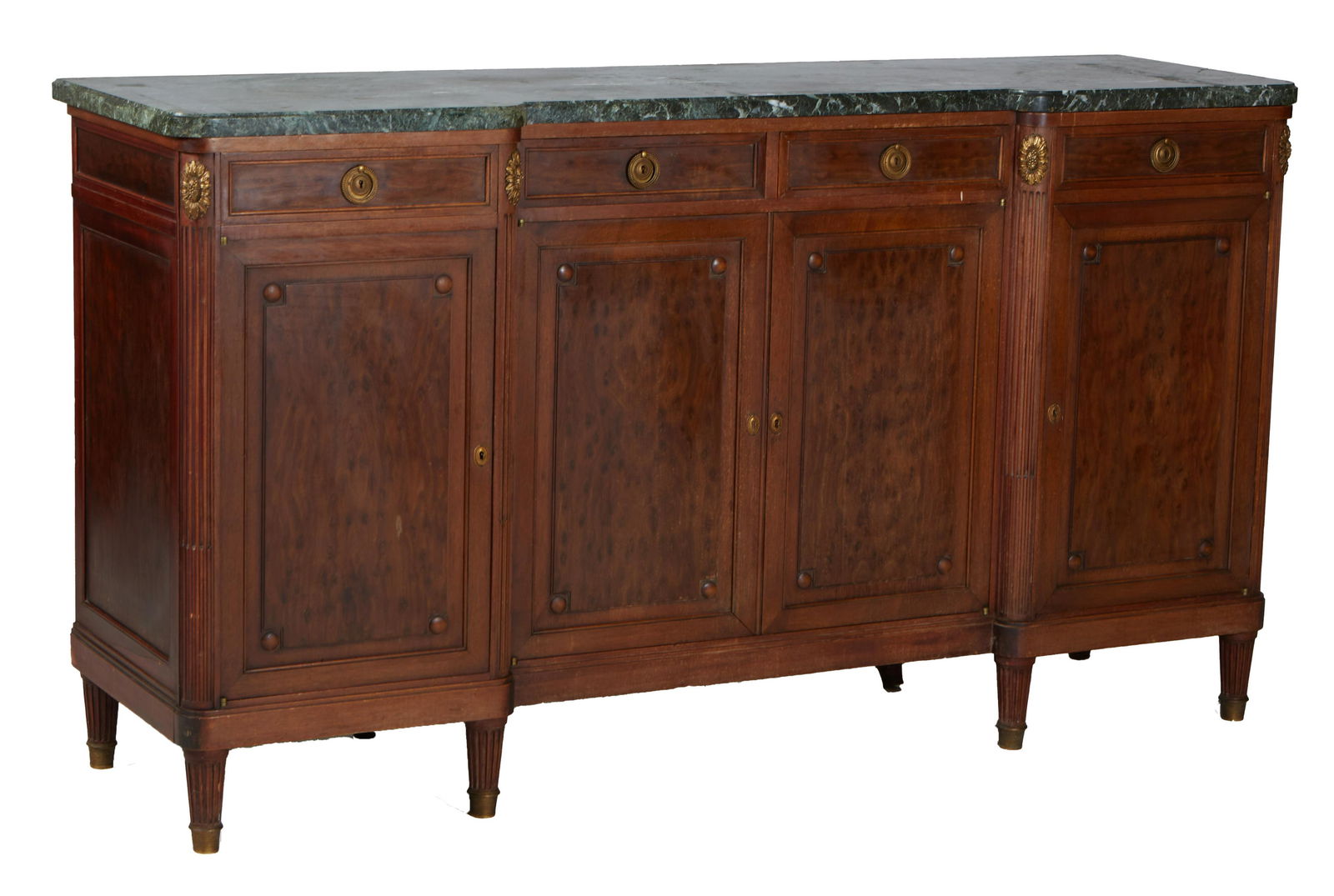 French Louis XVI Style Carved Walnut Marble Top Sideboard, 20th c., the ogee edge highly figured (1 of 1)