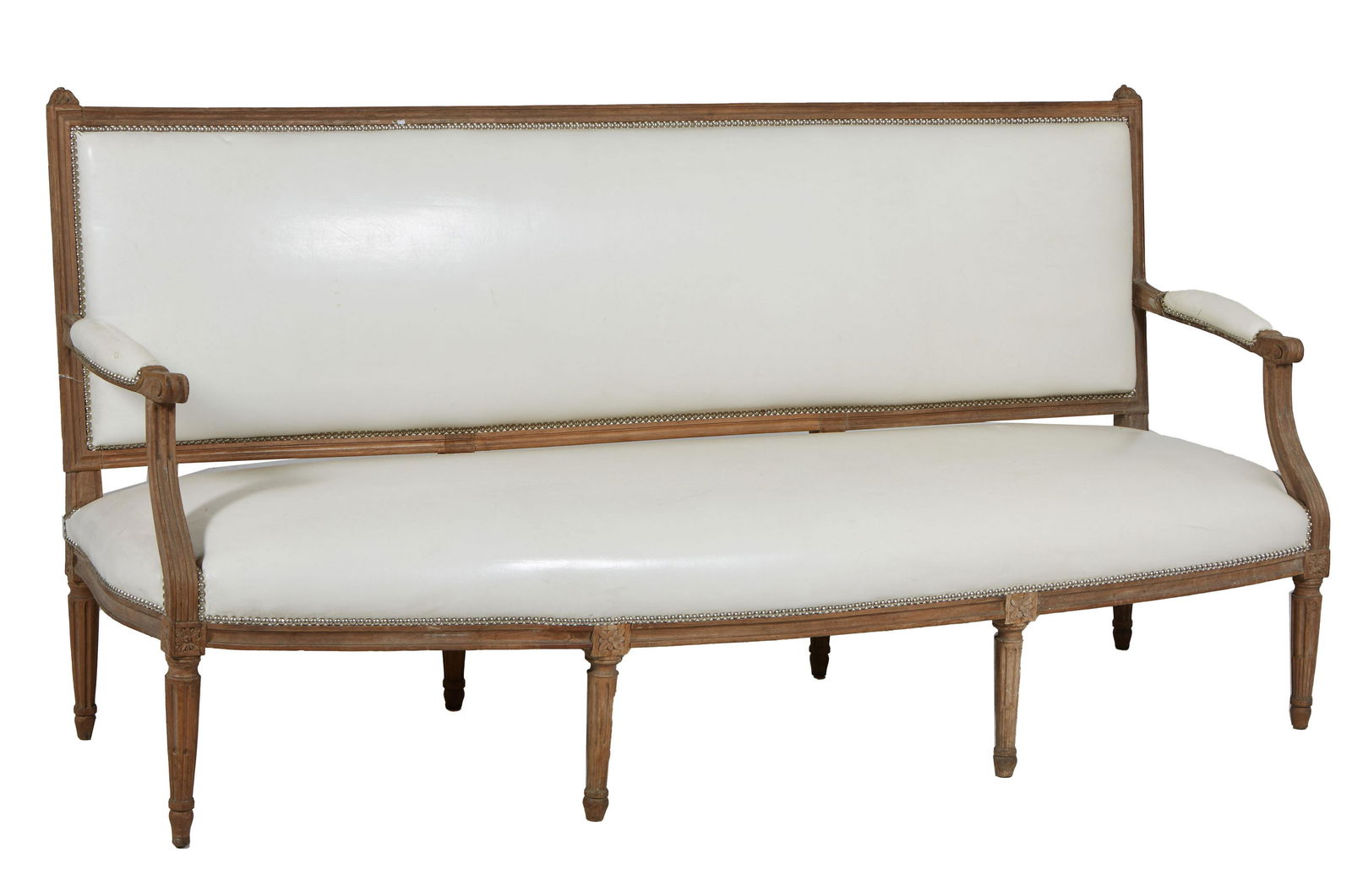 French Louis XVI Style Carved Walnut Settee, 20th c., the crest rail with two floral finials, over a (1 of 1)