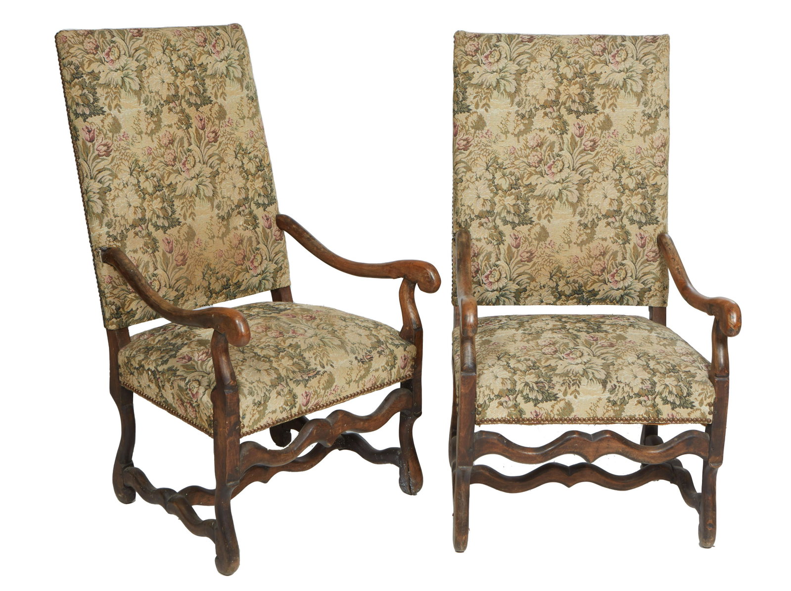 Pair of French Louis XIII Style Carved Beech Fauteuils a la Reine, 20th c., the canted high: Pair of French Louis XIII Style Carved Beech Fauteuils a la Reine, 20th c., the canted high rectangular cushioned back over curved scrolled arms above a trapezoidal seat, on cabriole legs joined by se