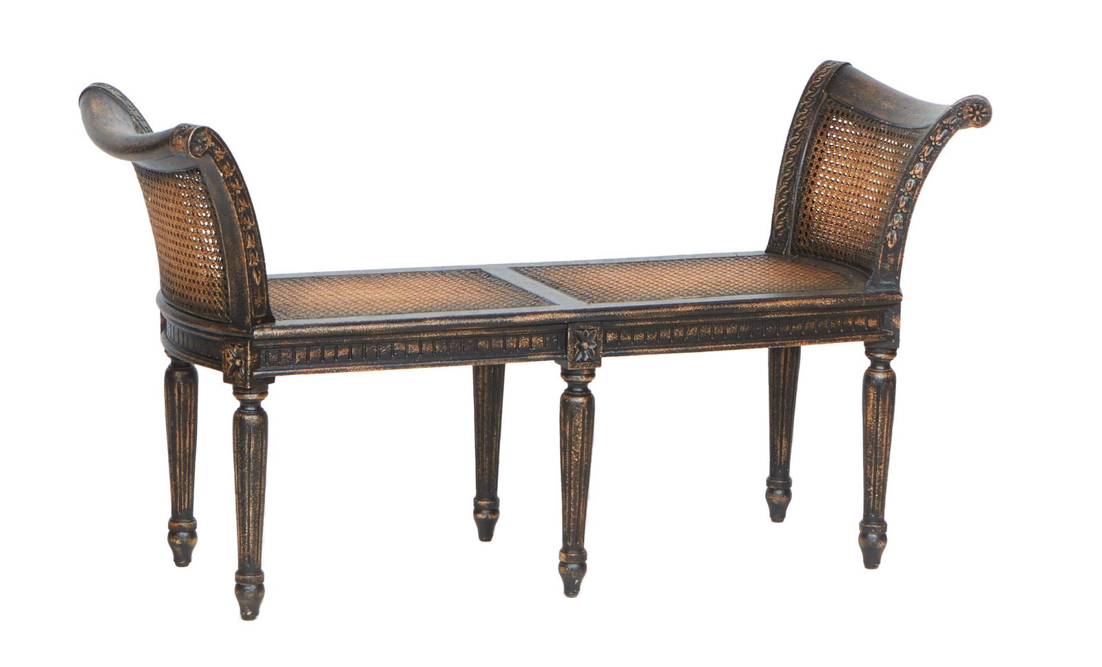Louis XVI Style Ebonized Double Window Seat, 20th c., the curved floral carved double caned arms (1 of 1)