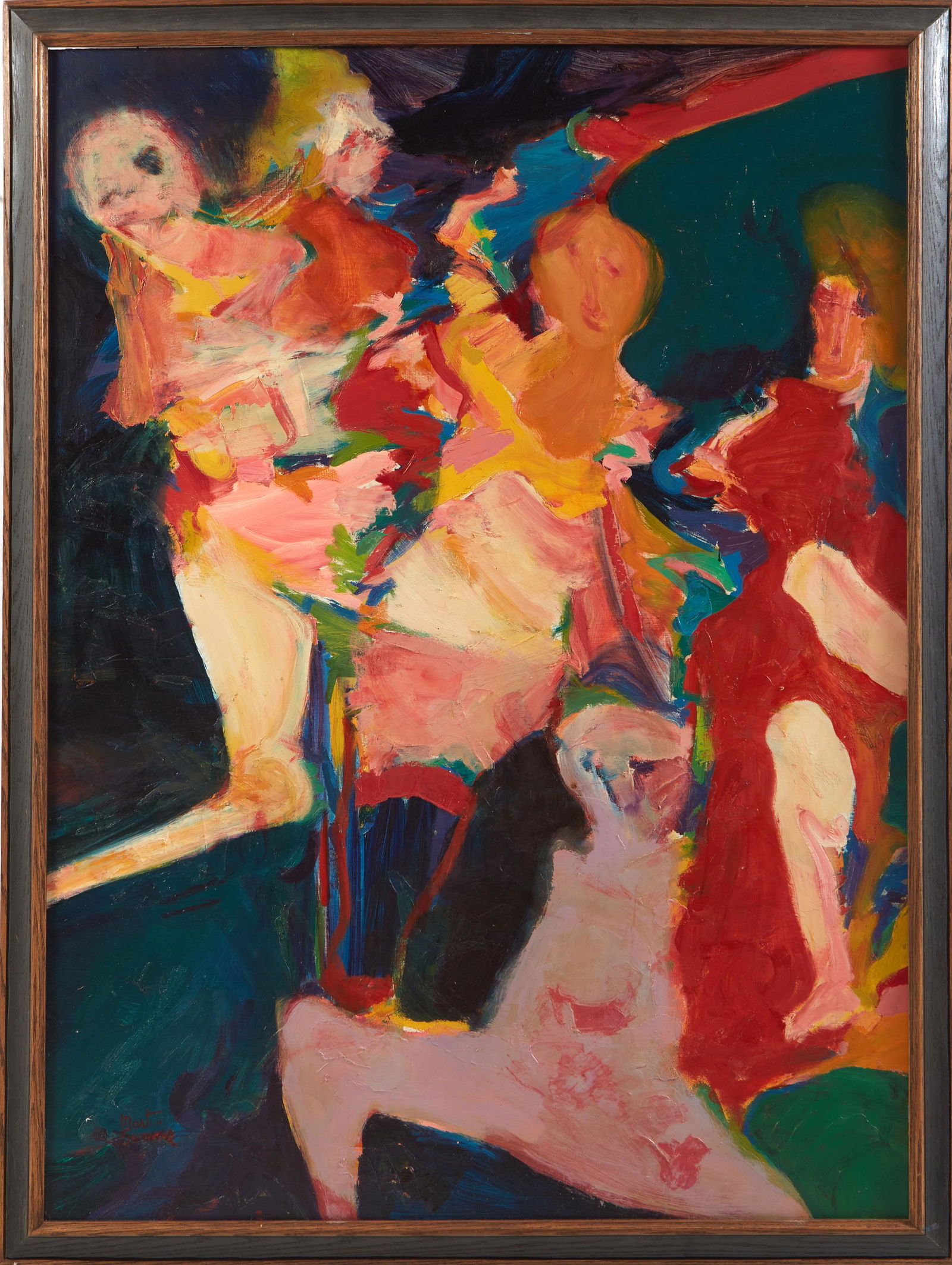 Martin Sumers (American/New Jersey, 1922-2012), "The Offering," 20th c., oil on masonite, signed: â€ Martin Sumers (American/New Jersey, 1922-2012), "The Offering," 20th c., oil on masonite, signed lower left, signed en verso, sticker with artist name, address, and title en verso, presented i