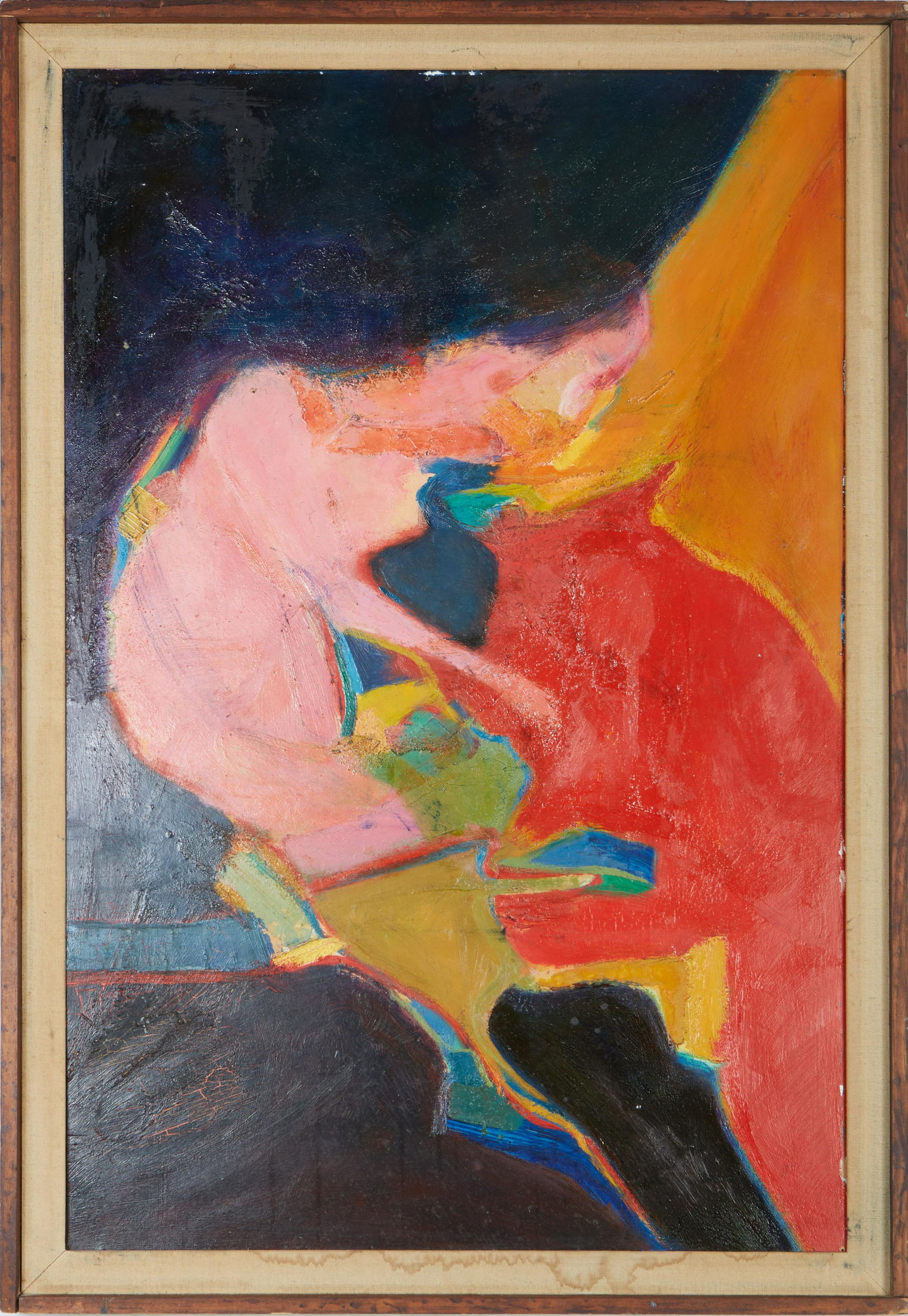 Martin Sumers (American/New Jersey, 1922-2012), "The Caress," 20th c., oil on masonite, signed en: â€ Martin Sumers (American/New Jersey, 1922-2012), "The Caress," 20th c., oil on masonite, signed en verso, with an artist label attached en verso, presented in a linen-lined wood frame, H.- 35 1