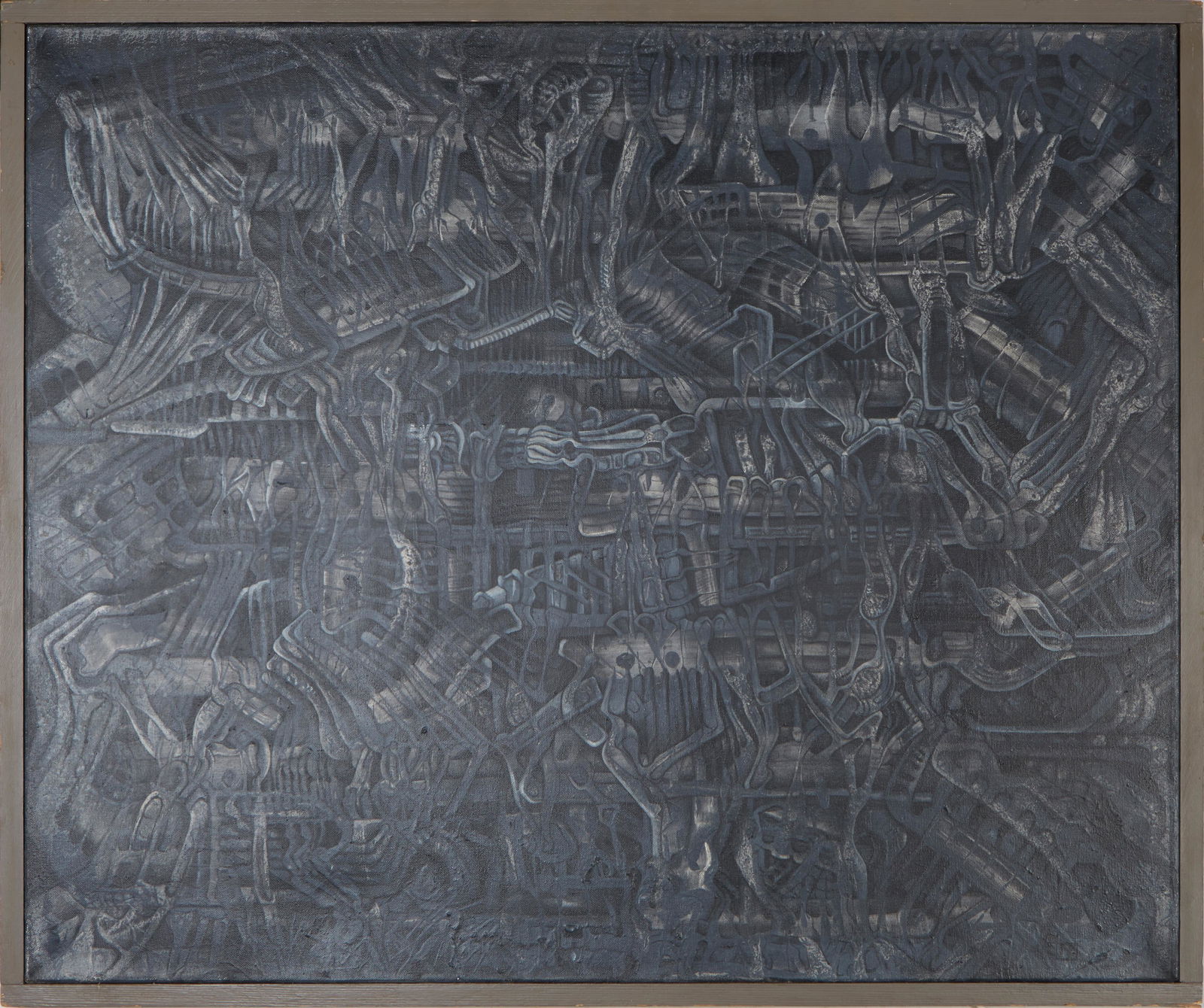 Mary Golleher-Sumers (American, 20th/21st c.), "Grey Machinery Abstract," 20th c., oil on (1 of 4)