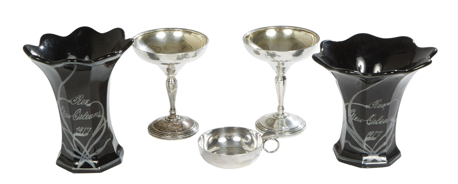Mardi Gras Favors: Two 1917 Rex Black Glass vases, a Momus 1972 silverplated ashtray, and two Comus (1 of 4)