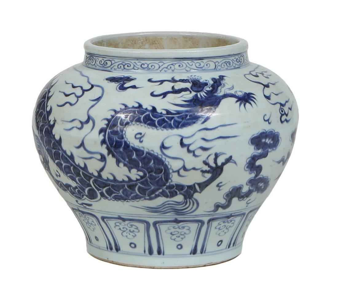 Large Chinese Blue and White Baluster Jardiniere, 20th c., with dragon and cloud decoration. H.- 11 (1 of 2)