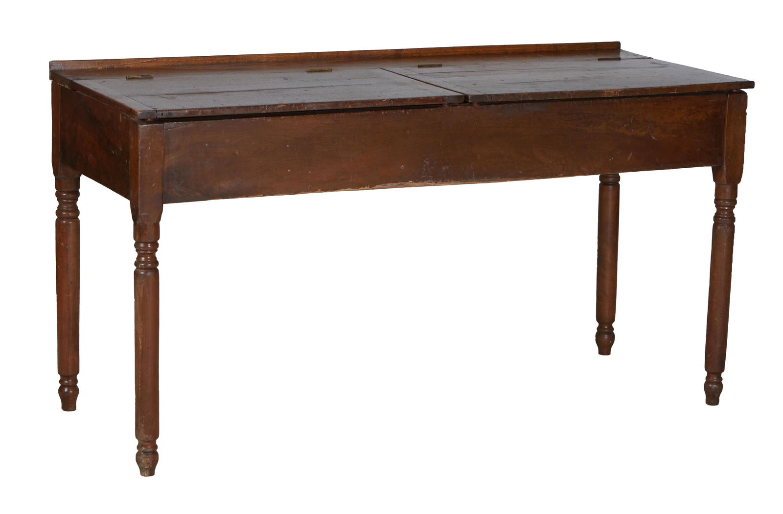 American Carved Walnut Plantation Style Desk, 19th c., the slanted double hinged lifting top over a (1 of 2)