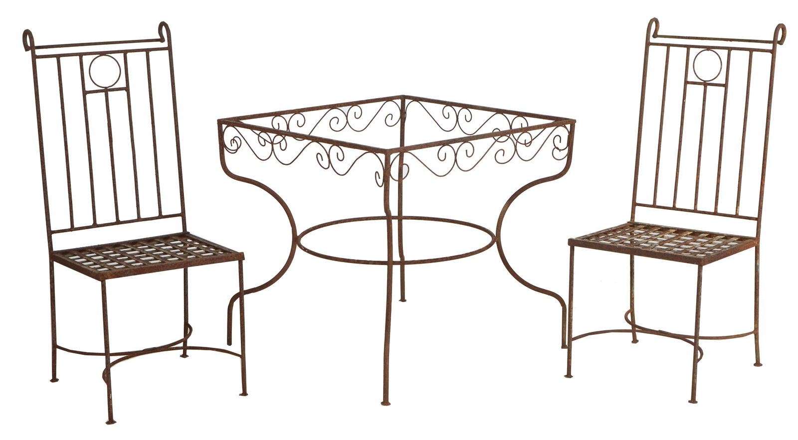 Three Piece Cast Iron Garden Set, 20th c., consisting of a square table lacking a glass top and two (1 of 1)