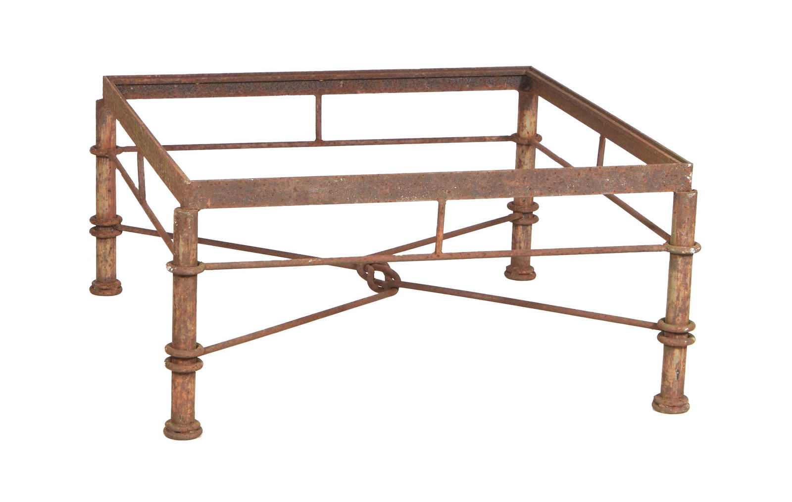 Cast Iron Table Base, mid 20th c., lacking a glass top, on cylindrical legs joined by an X-form (1 of 1)