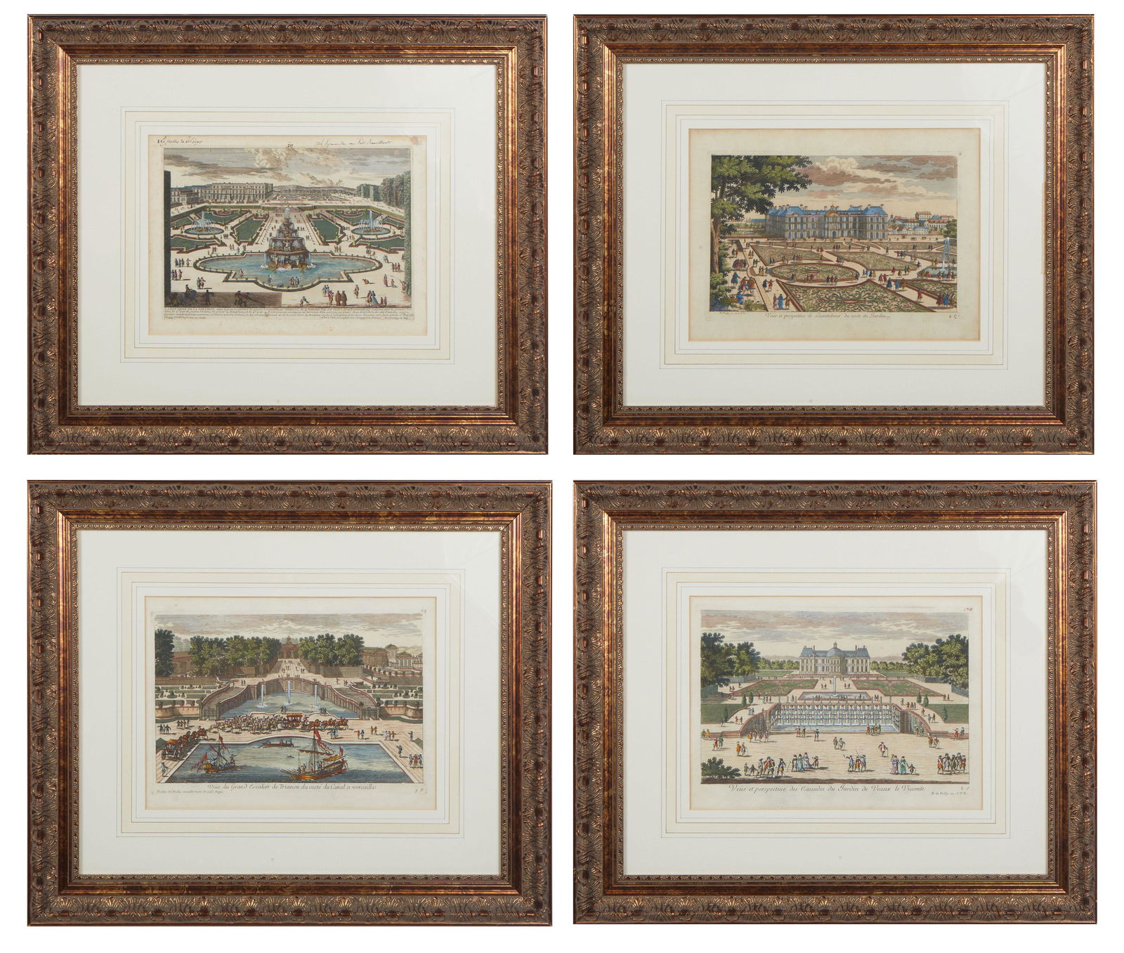 Four Hand-Colored Copper Engravings of French Palaces, c. 1650-1750, including "Veue du Grand (1 of 20)