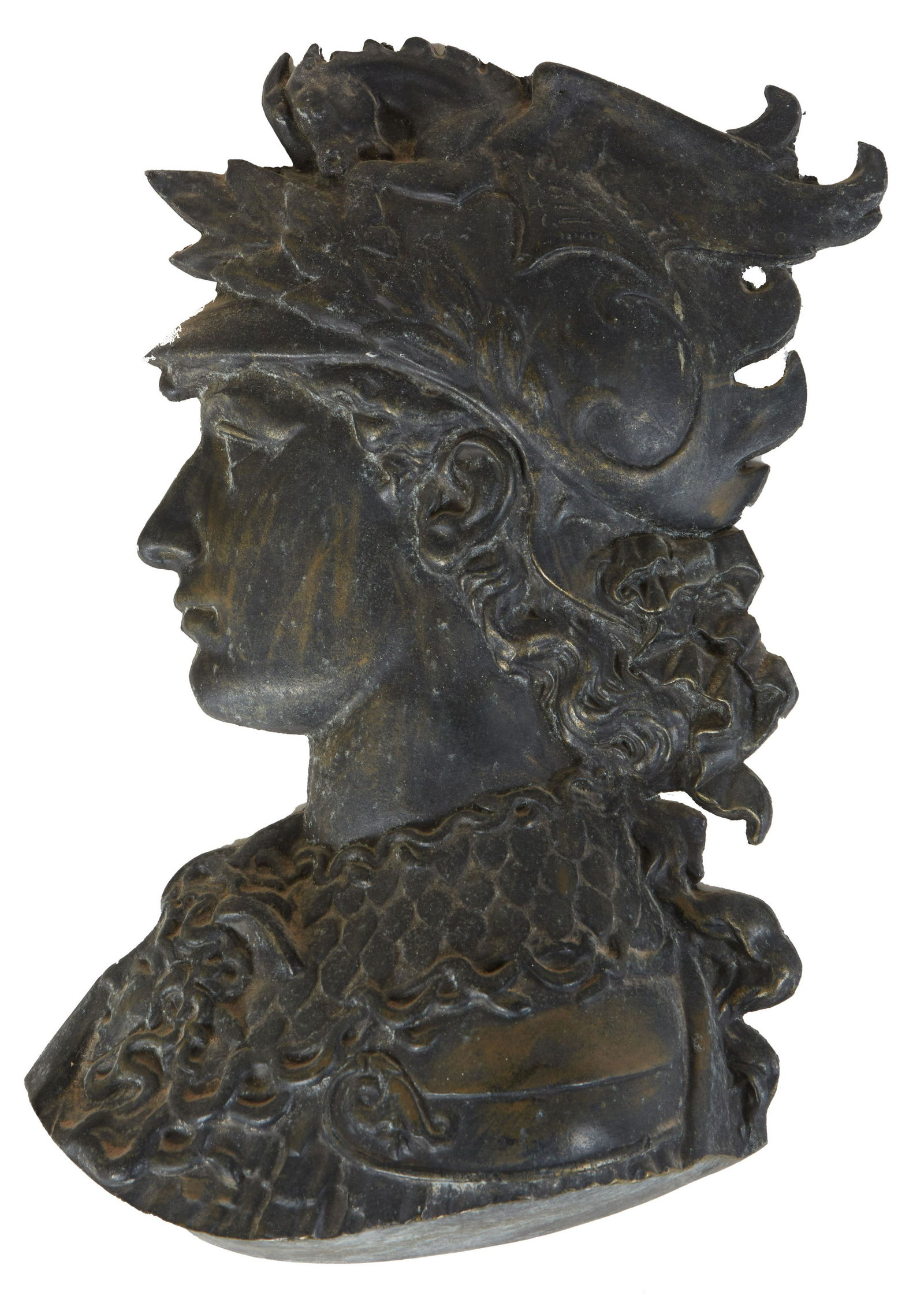 Patinated White Bronze Relief Head of Athena, late 19th c., H.- 16 i., W.- 14 1/2 in. ,D.- 3 1/4 in.: Patinated White Bronze Relief Head of Athena, late 19th c., H.- 16 i., W.- 14 1/2 in. ,D.- 3 1/4 in. Provenance: â€œLittle Oaks,” Bay St. Louis, Mississippi, the private collection of Dr. Do