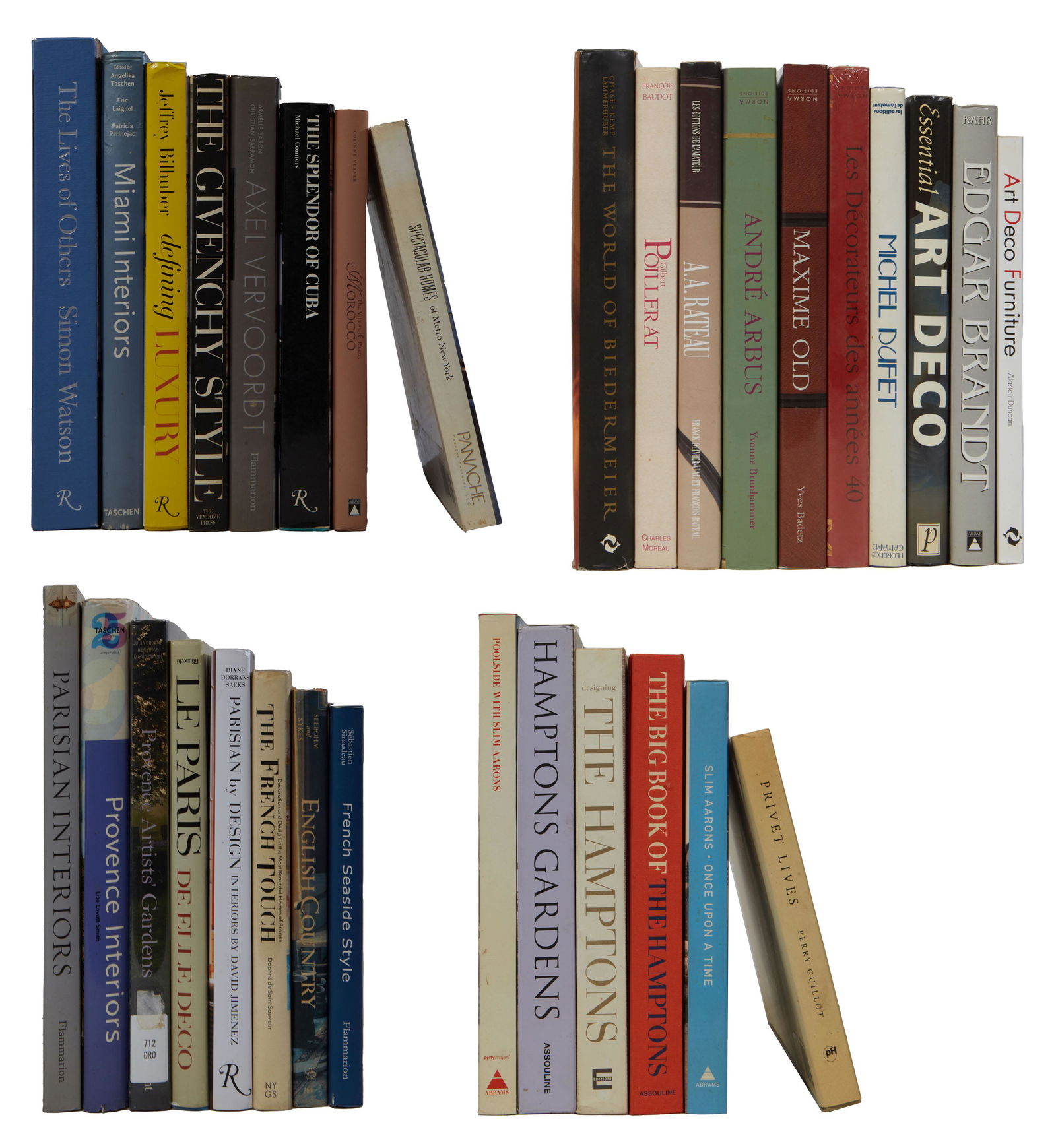 Group of Thirty-Two Coffee Table Books, 20th c., consisting of "Les Docorateurs des Annes": Consisting of "Les Decorateurs des Annees 40" by Bruno Foucart; "Edgar Brandt," by Joan Kahr; "Art Deco Furniture," by Alastair Duncan; "Andre Arbus," by Yvonne Brunhammer; "Gilbert Pollerat," by Fran