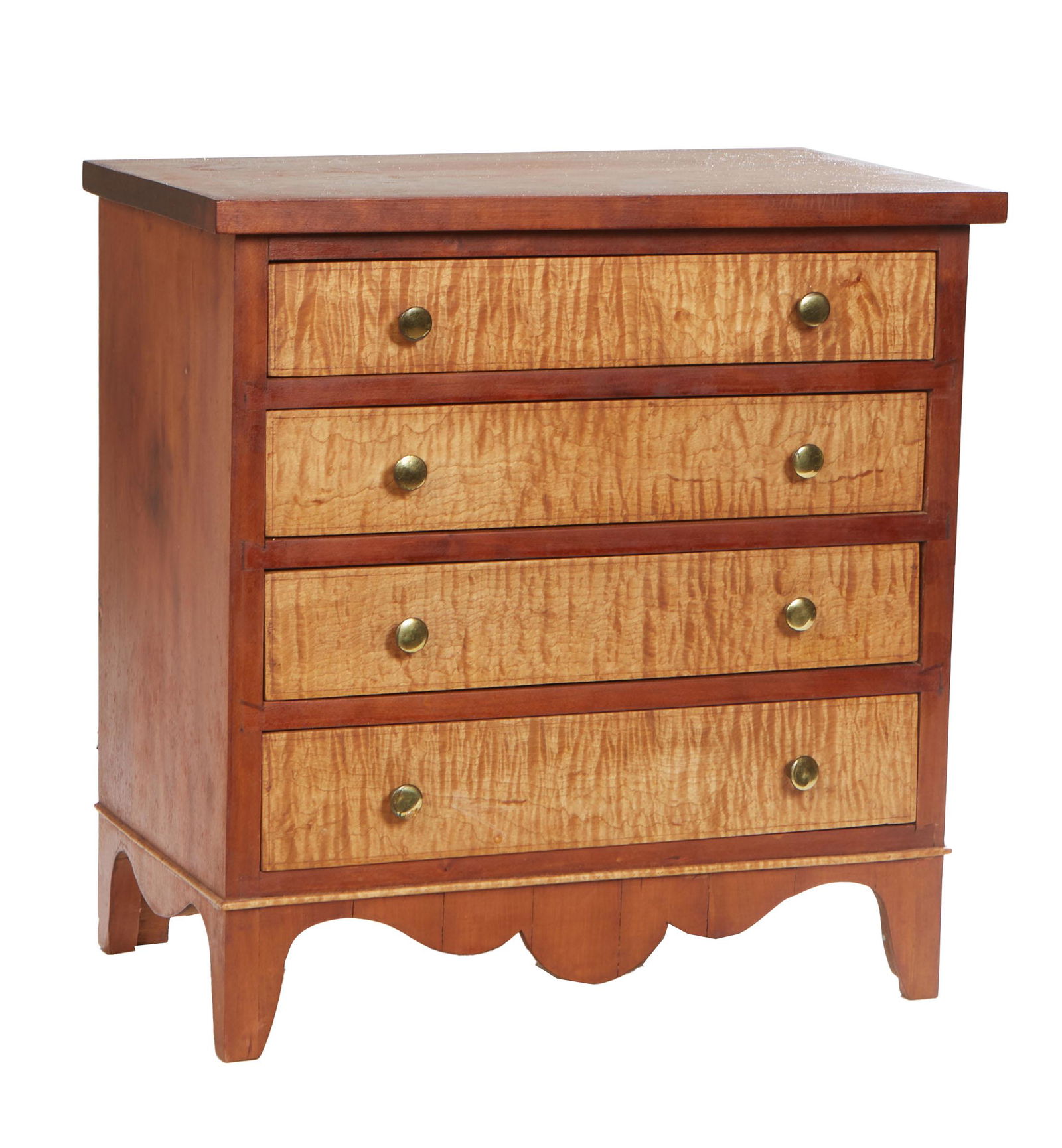 Carved Tiger Maple Jewelry Box, early 20th c., in the form of a miniature chest, with four graduated (1 of 2)