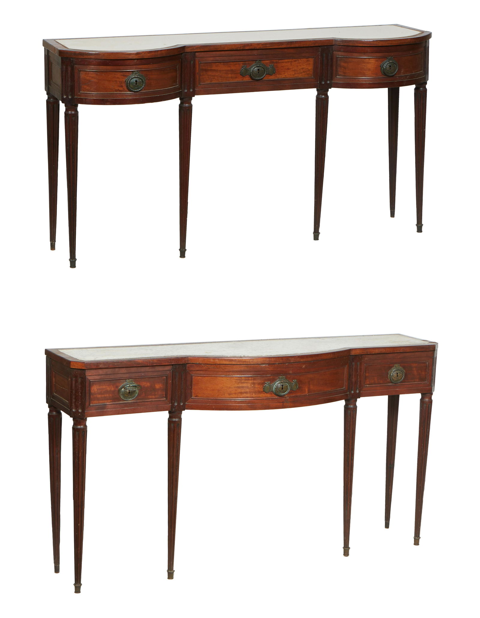 Unusual Pair of Louis XVI Carved Walnut Bow Front Marble Top Console Tables, 20th c., the inset: Unusual Pair of Louis XVI Carved Walnut Bow Front Marble Top Console Tables, 20th c., the inset creme marble over a bowed skirt with three faux frieze drawers, the other with a double bowed top, both