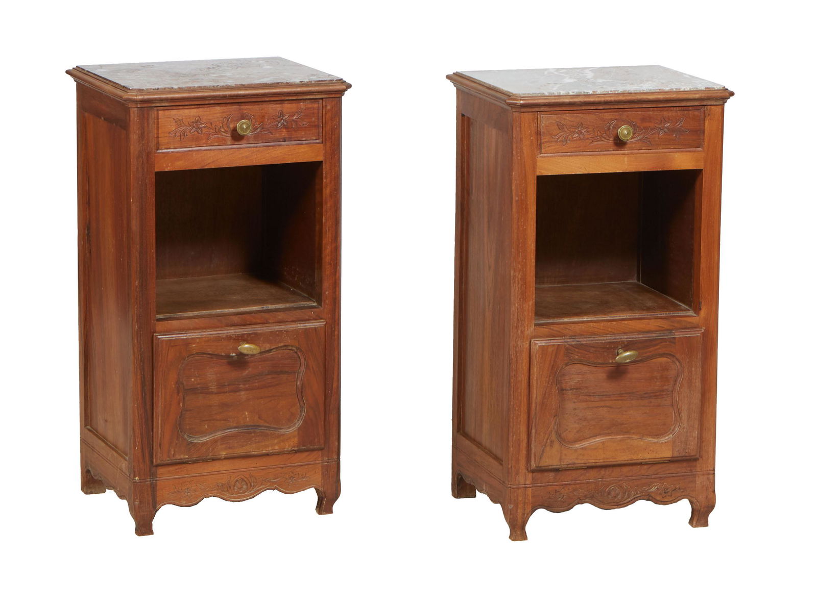 Pair of Art Nouveau Carved Walnut Marble Top Nightstands, early 20th c., with inset canted corner (1 of 1)
