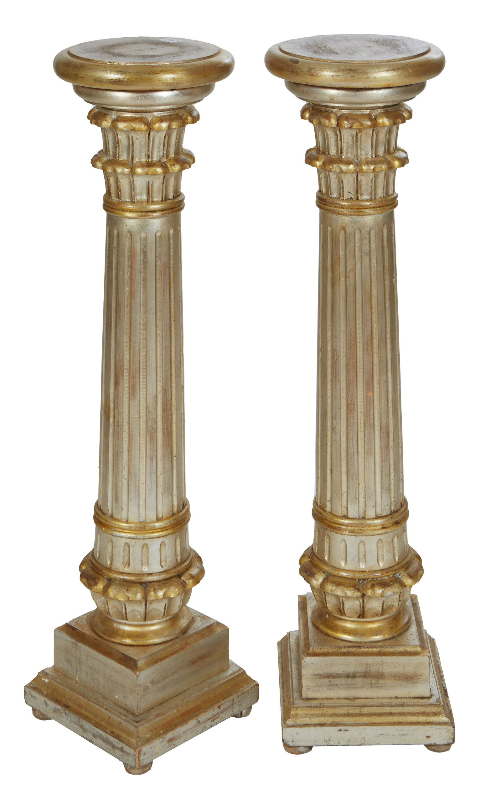 Pair of Parcel Gilt Carved Wood Pedestals, 20th c., the stepped circular top over a reeded columnar (1 of 1)