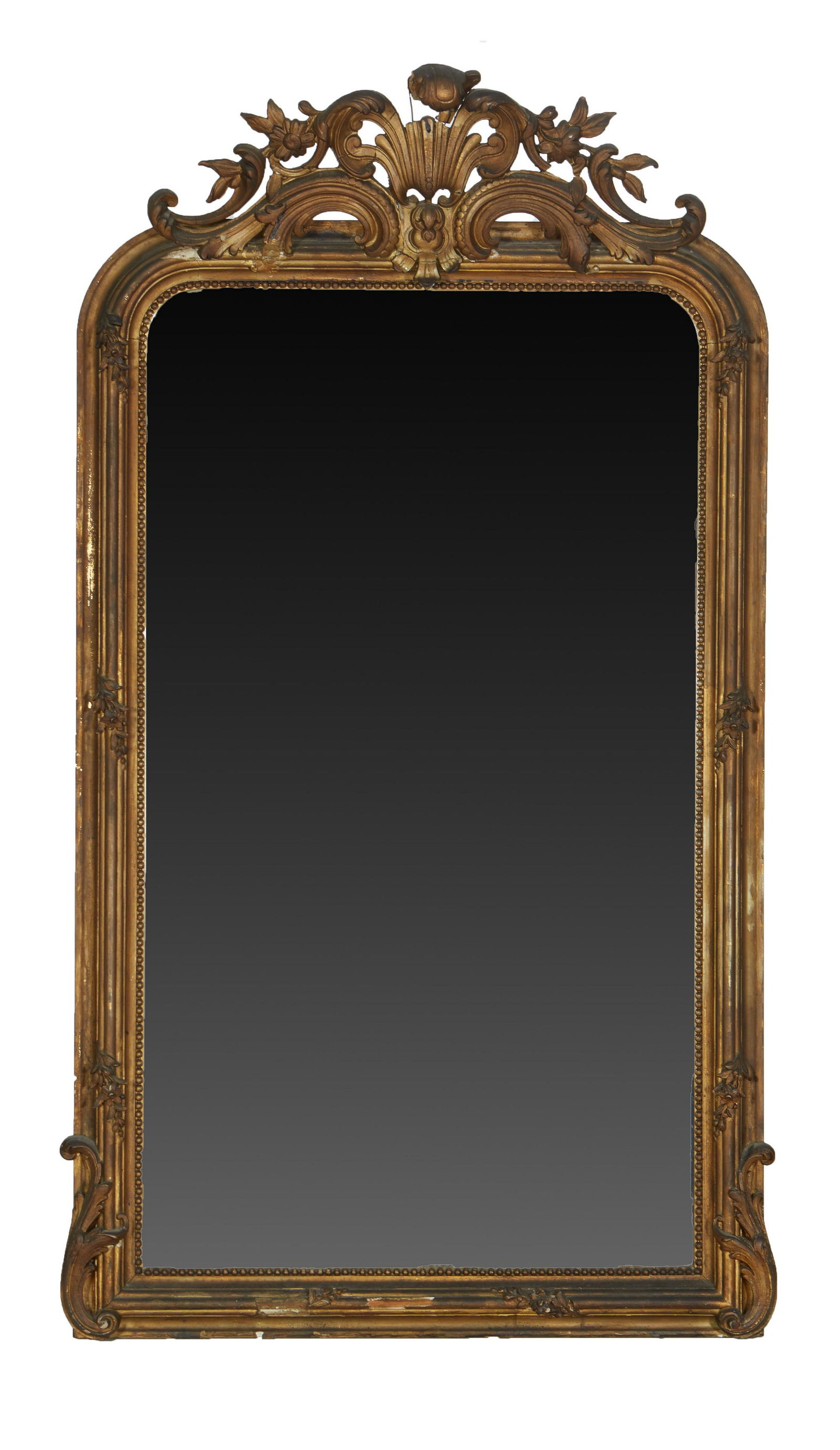 French Louis Philippe Gold Leaf Overmantel Mirror, 19th c., the wide rounded corner frame with (1 of 1)