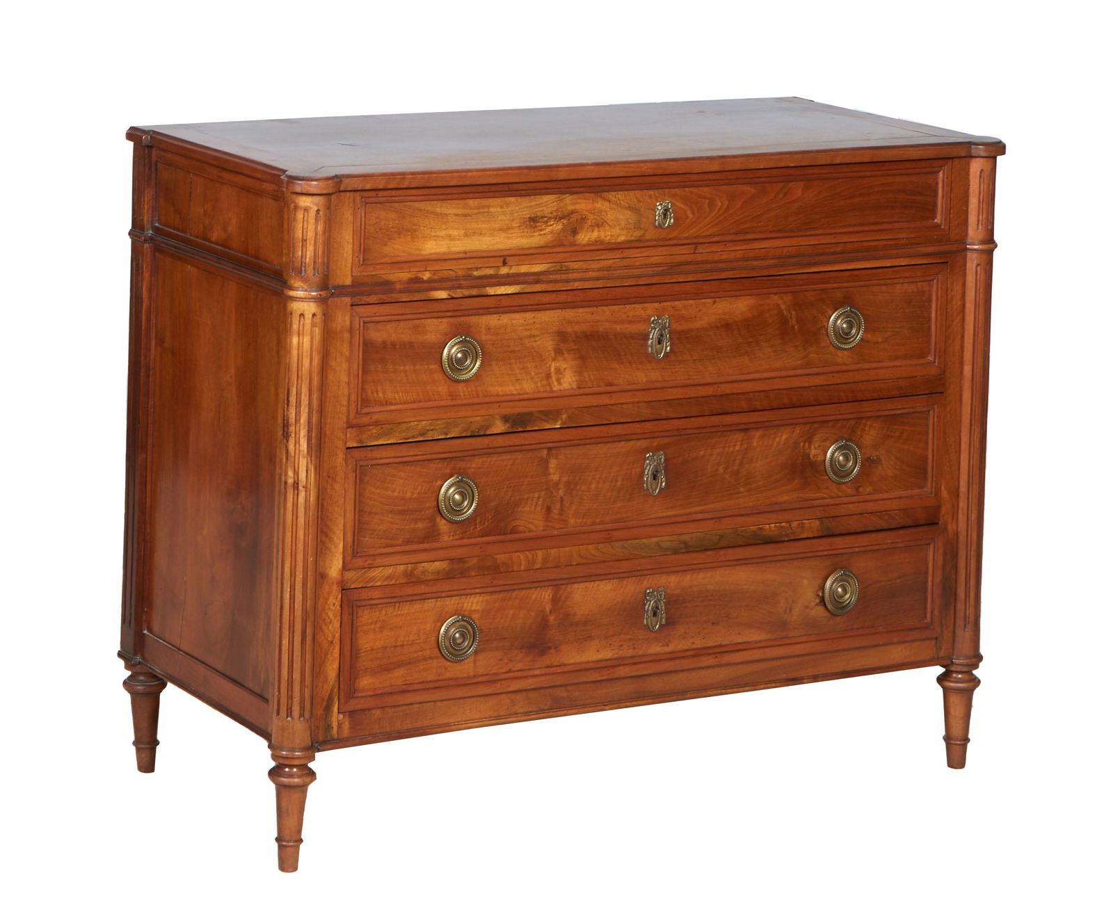 French Louis XVI Carved Cherry Commode, 19th c., the ogee edge cookie corner top over a setback (1 of 1)