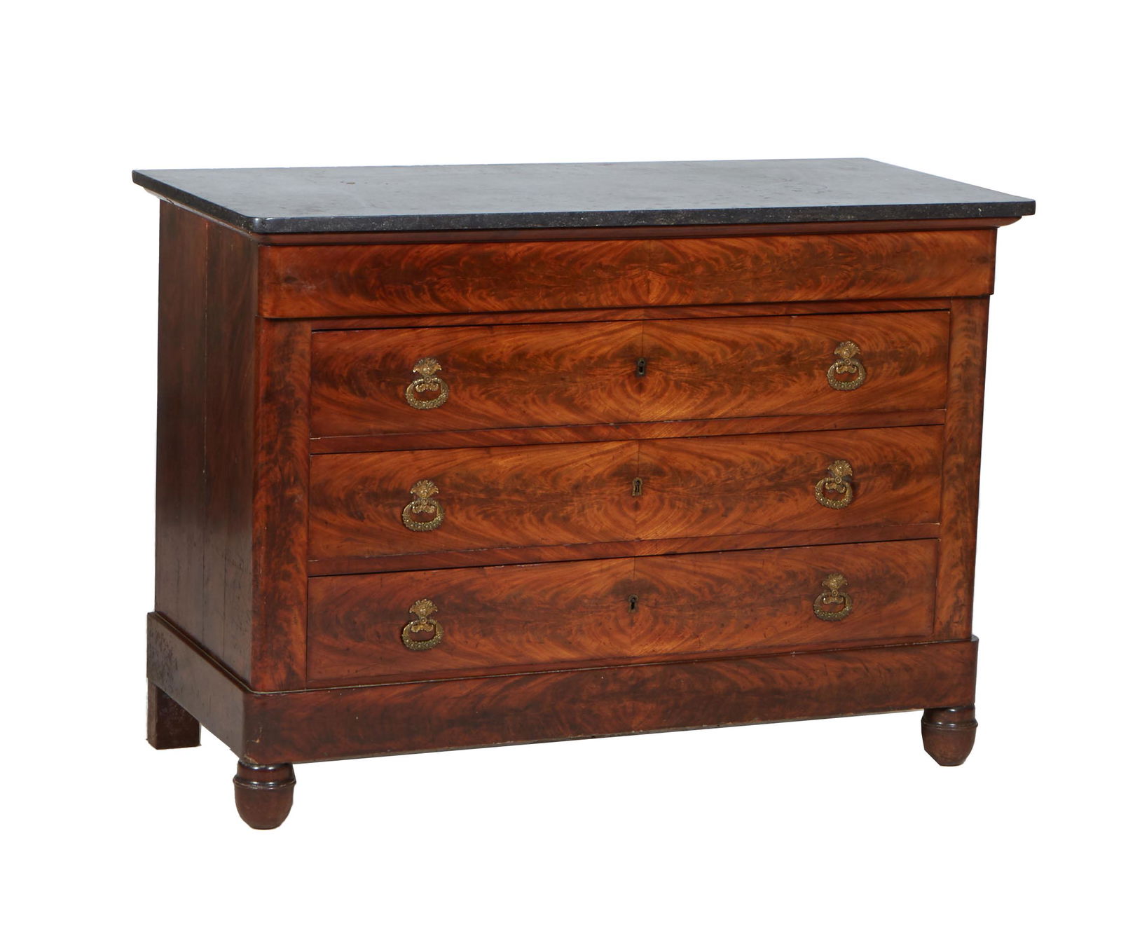 French Empire Carved Walnut Marble Top Commode, 19th c., the figured black rounded corner marble (1 of 1)