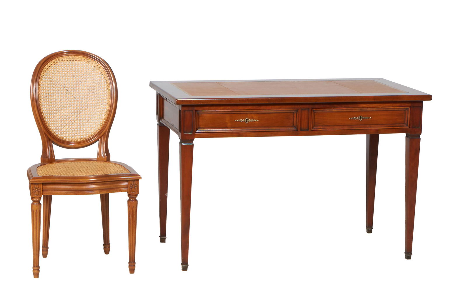 French Louis XVI Carved Cherry Writing Table, 20th c., the gilt tooled inset brown leather top over (1 of 1)