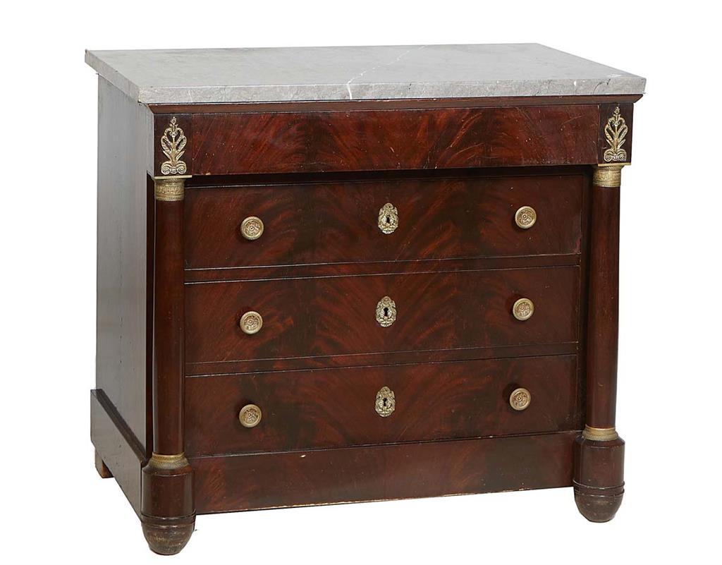 French Empire Style Carved Walnut Marble Top Commode, 19th c., the highly figured gray marble over a (1 of 1)