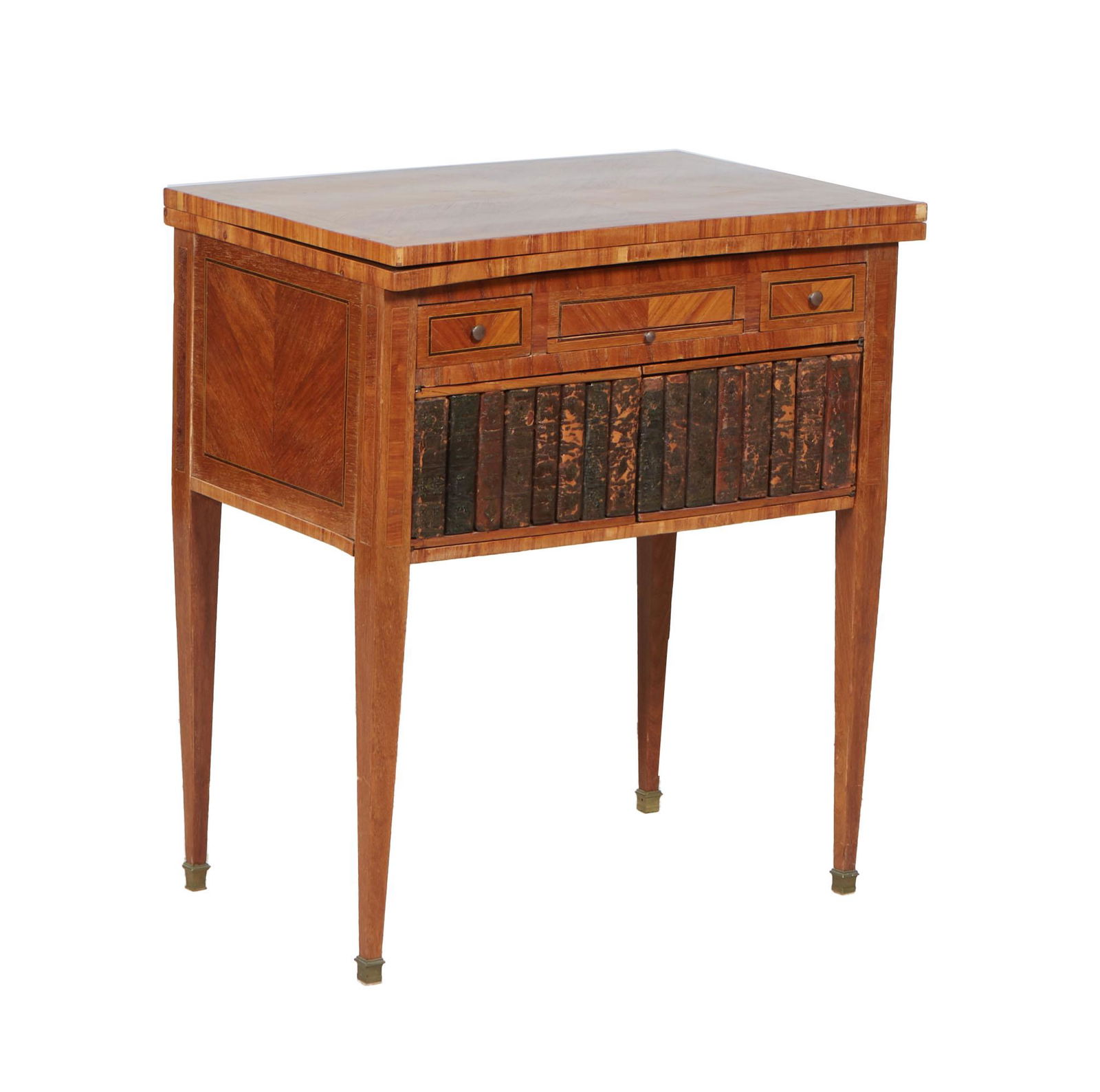 French Inlaid Kingwood Louis XVI Style Games Table, 20th c., the crotched inlaid folding top opening (1 of 2)