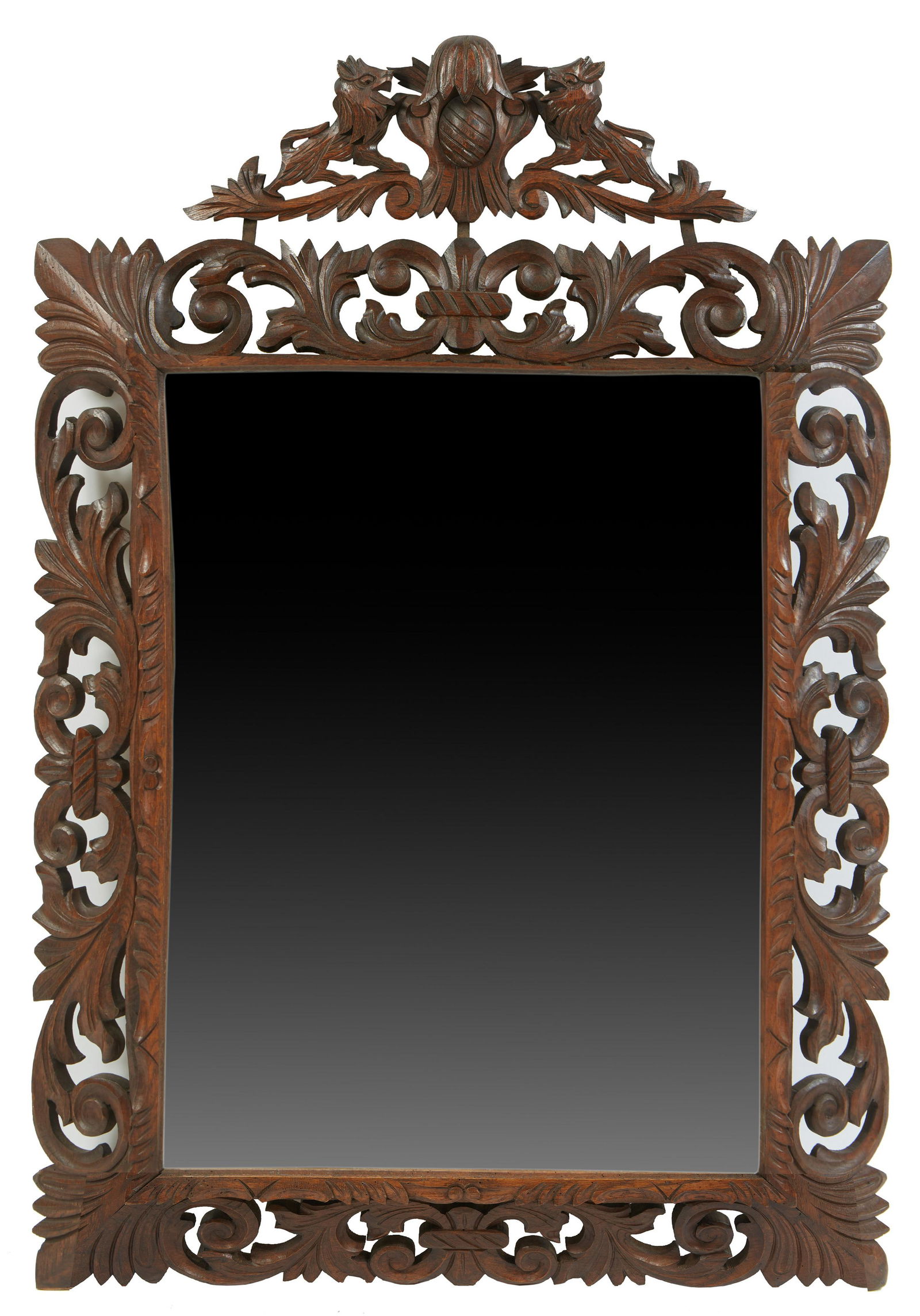 French Henri II Style Carved Beech Cushion Mirror, early 20th c, with a double lion and egg carved (1 of 3)