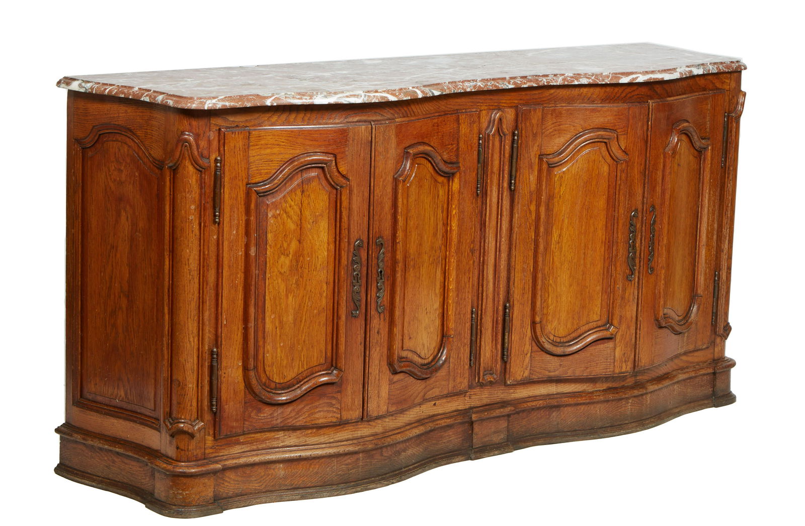 French Louis XVI Style Caved Oak Bombe Marble Top Sideboard, 20th c., the serpentine ogee edge (1 of 1)