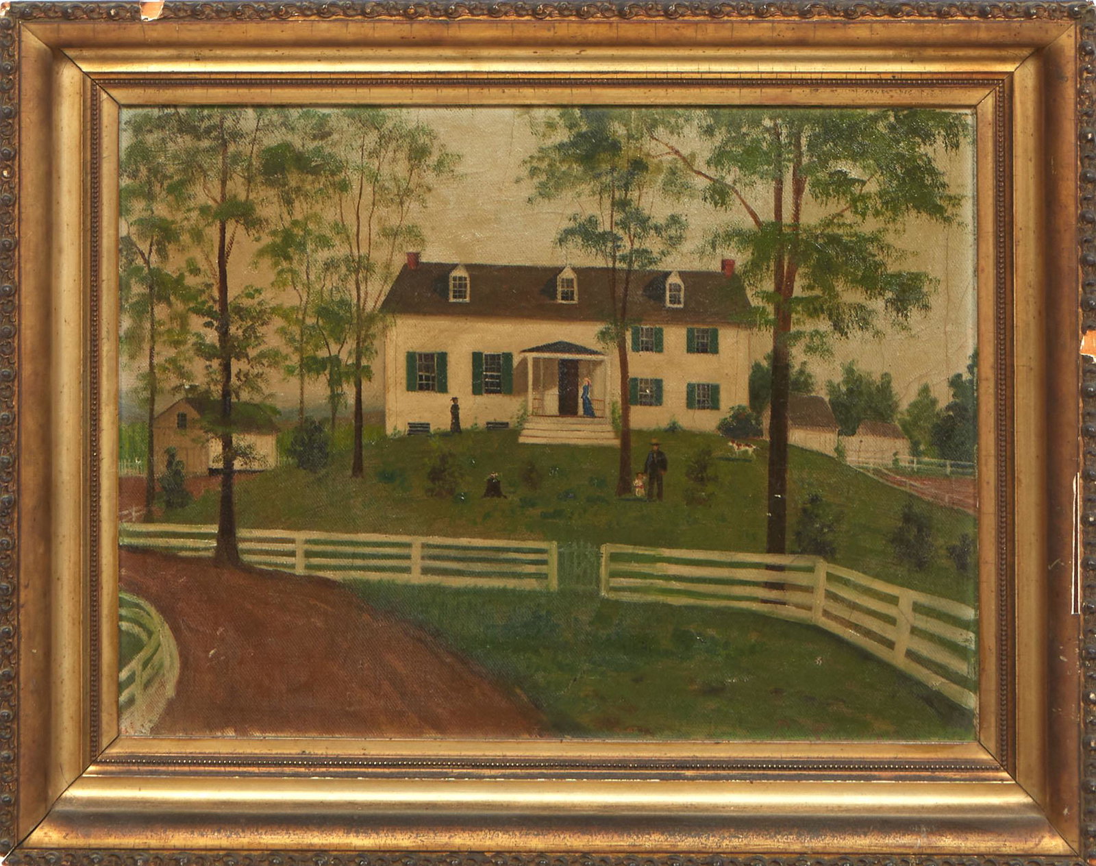 American School, 19th C., "Homestead," oil on board, signed illegibly lower right (partially: â€ American School, 19th C., â€œHomestead,” oil on board, signed illegibly lower right (partially obscured by frame), presented in a gilt and gesso frame, H.- 11 3/4 in., W.- 15 3/4 in.