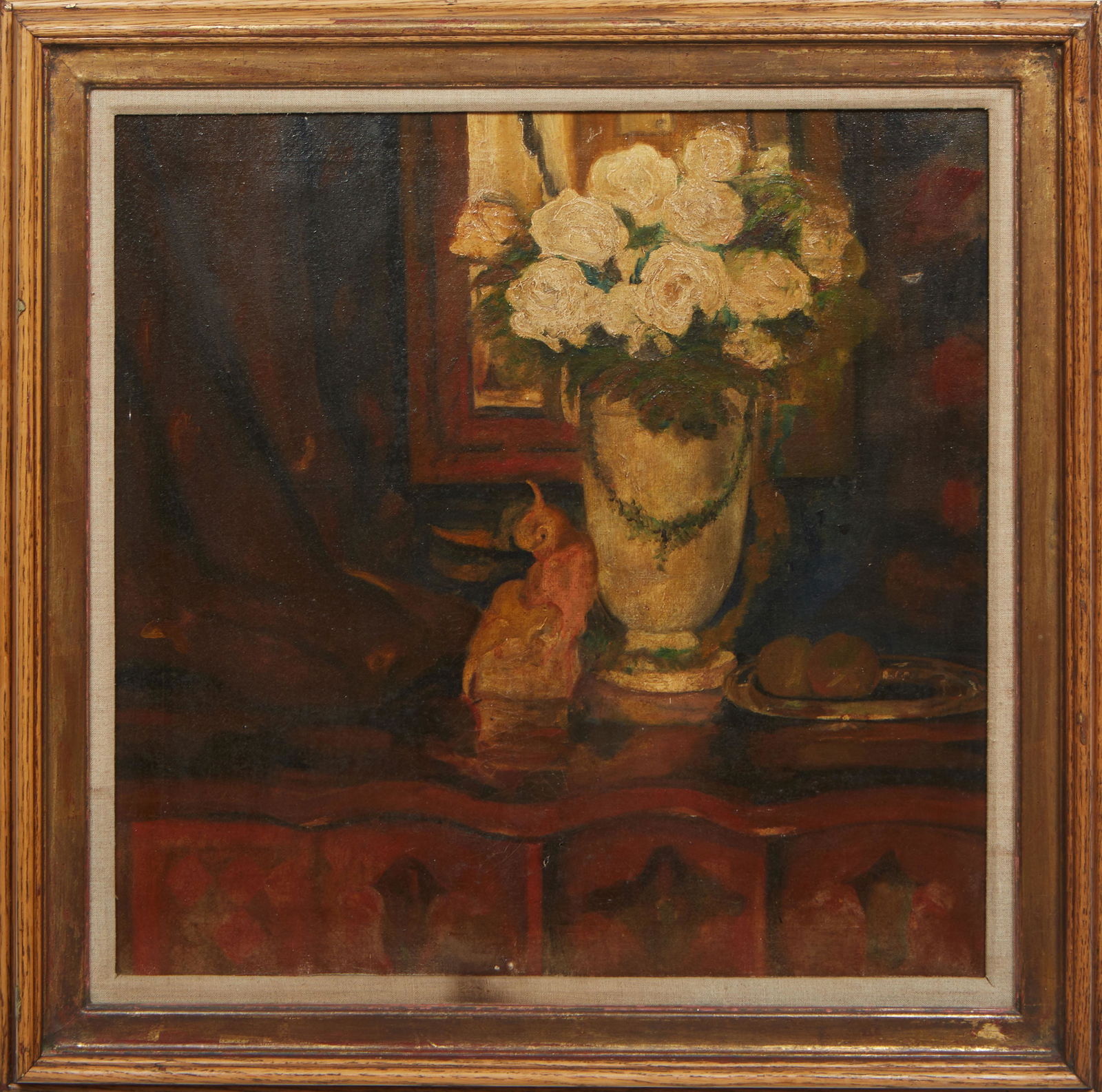American School, "Still Life of Flowers on Sideboard," 19th c., oil on canvas, unsigned,: â€ American School, â€œStill Life of Flowers on Sideboard,” 19th c., oil on canvas, unsigned, presented in a carved wood frame with a linen mat, H.- 22 1/4 in., W.- 22 1/4 in., Framed-