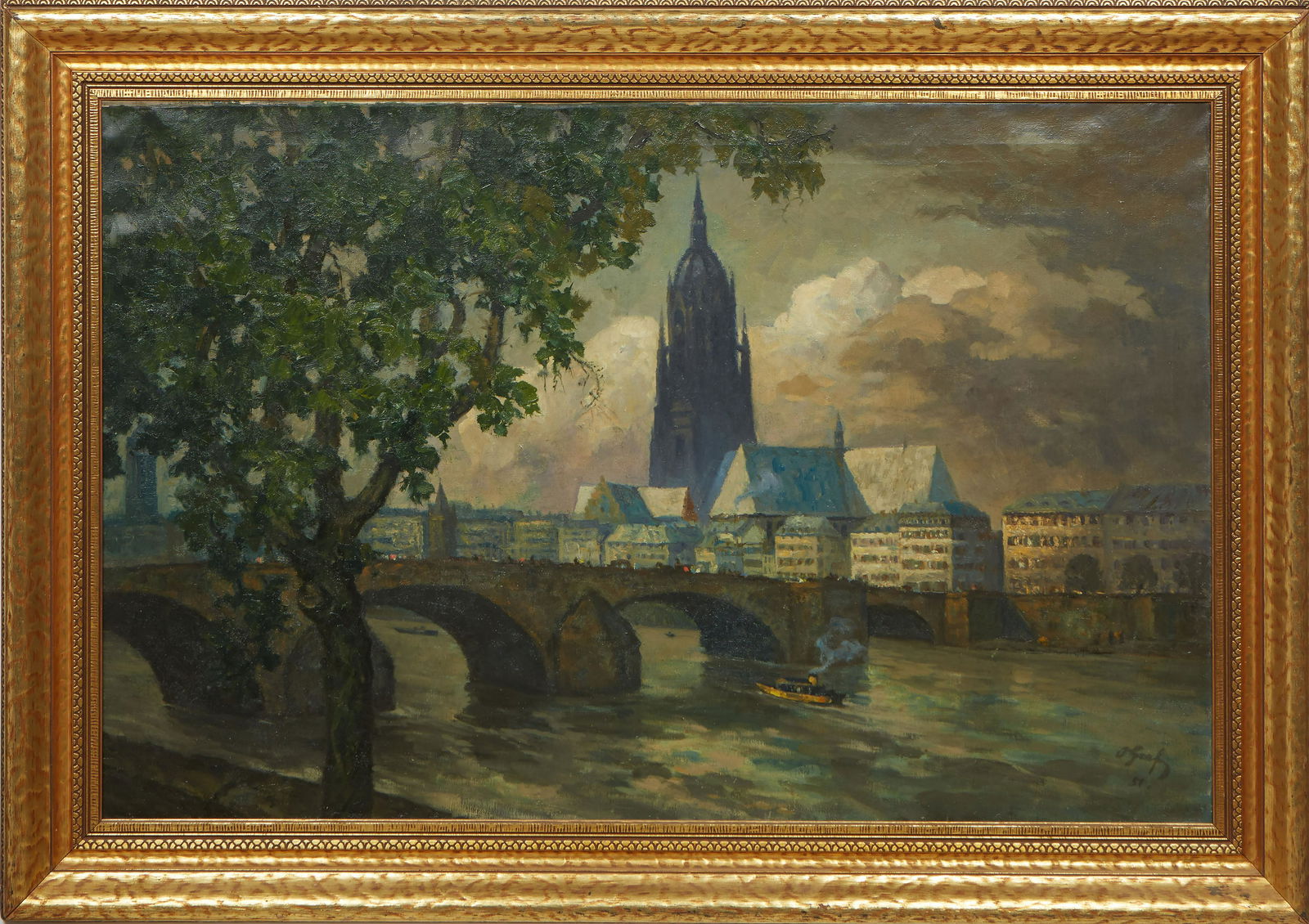 German School, "Stone Bridge in Regensburg, Germany," 1851, oil on burlap, signed indistinctly (1 of 4)