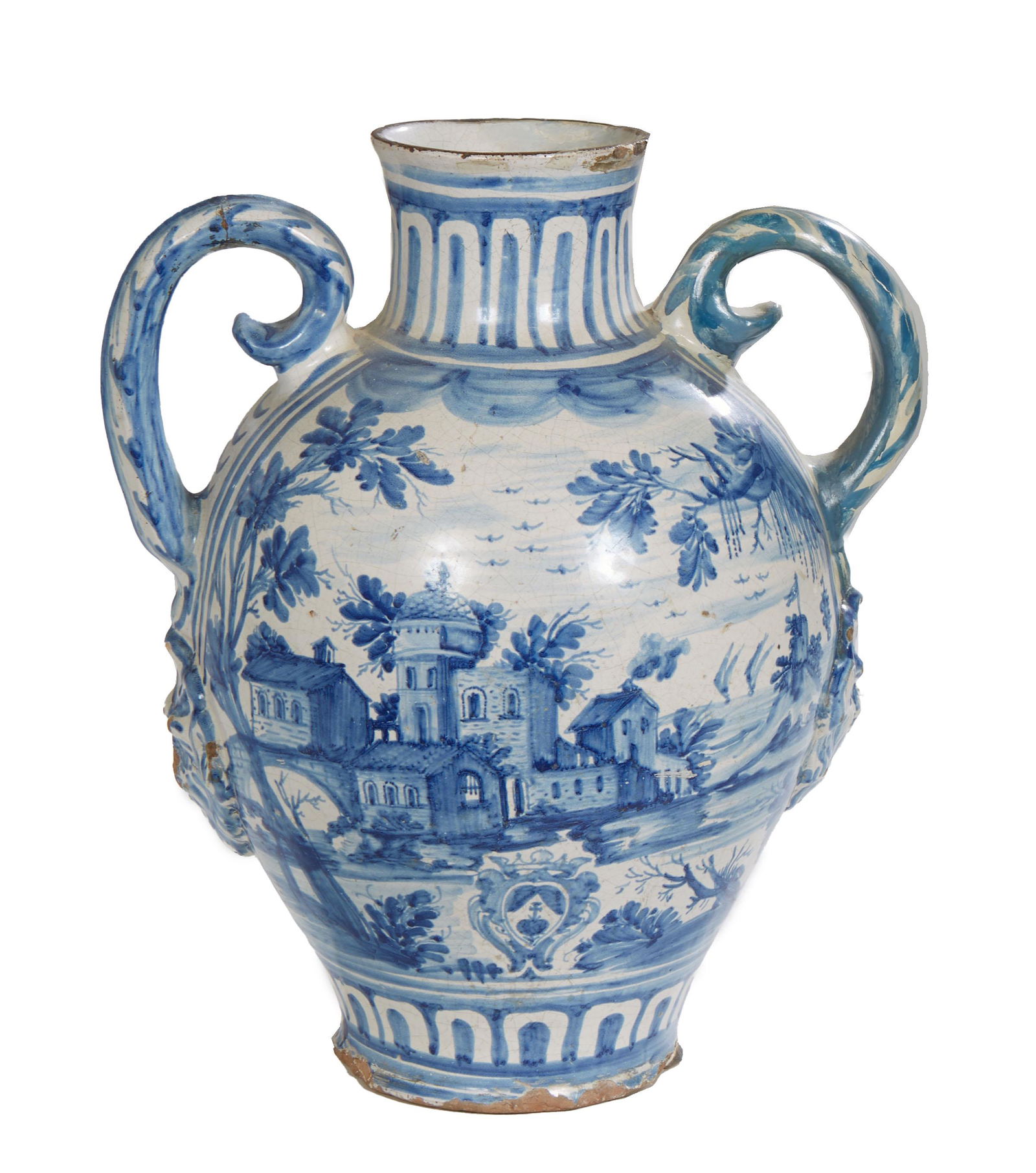 Large Italian Blue and White, Glazed Terracotta Urn, 19th c., with applied handles, the sides with (1 of 2)